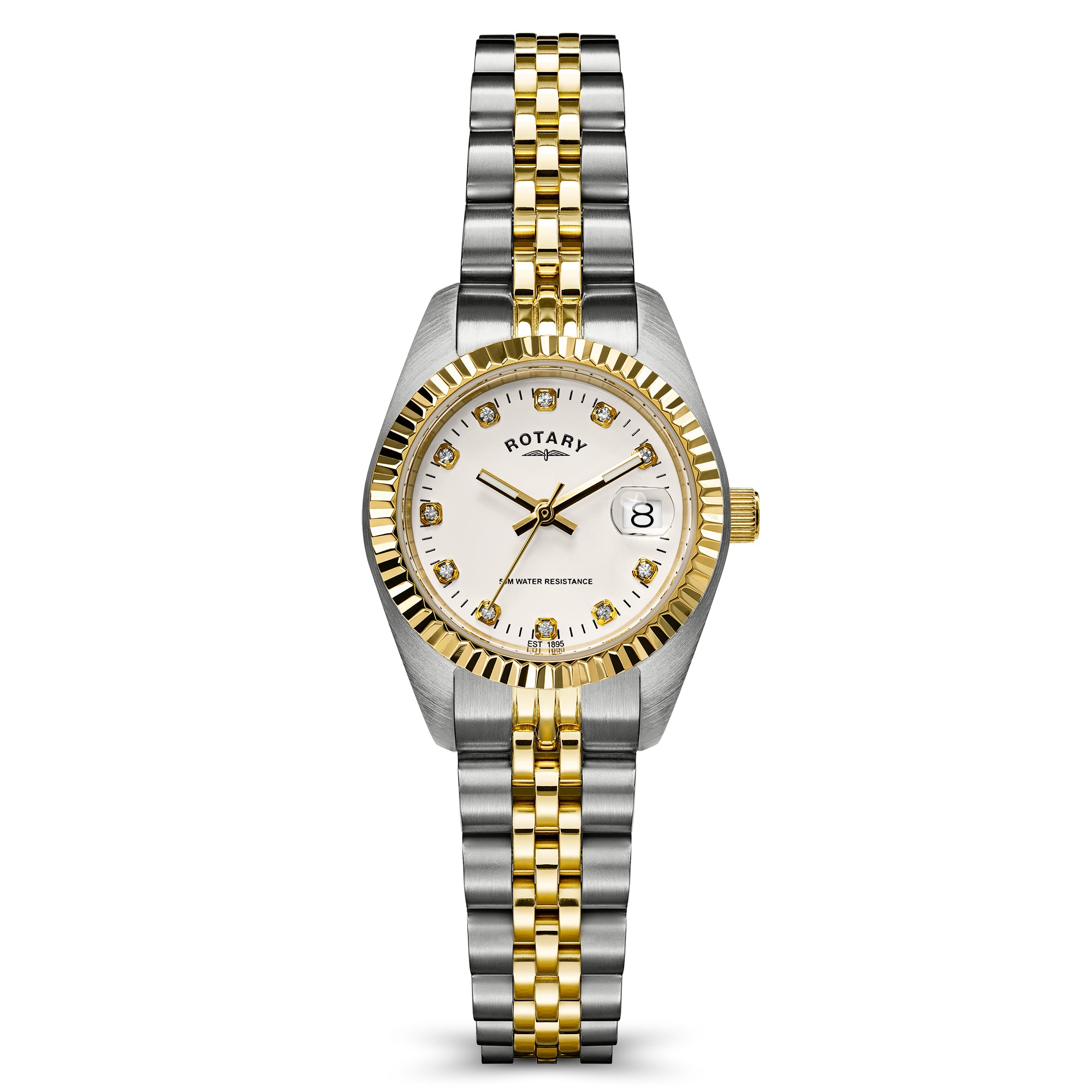 A two-tone stainless steel and gold Rotary wristwatch with a white dial, crystal diamond hour markers, and a fluted bezel, shown on a clean white background.