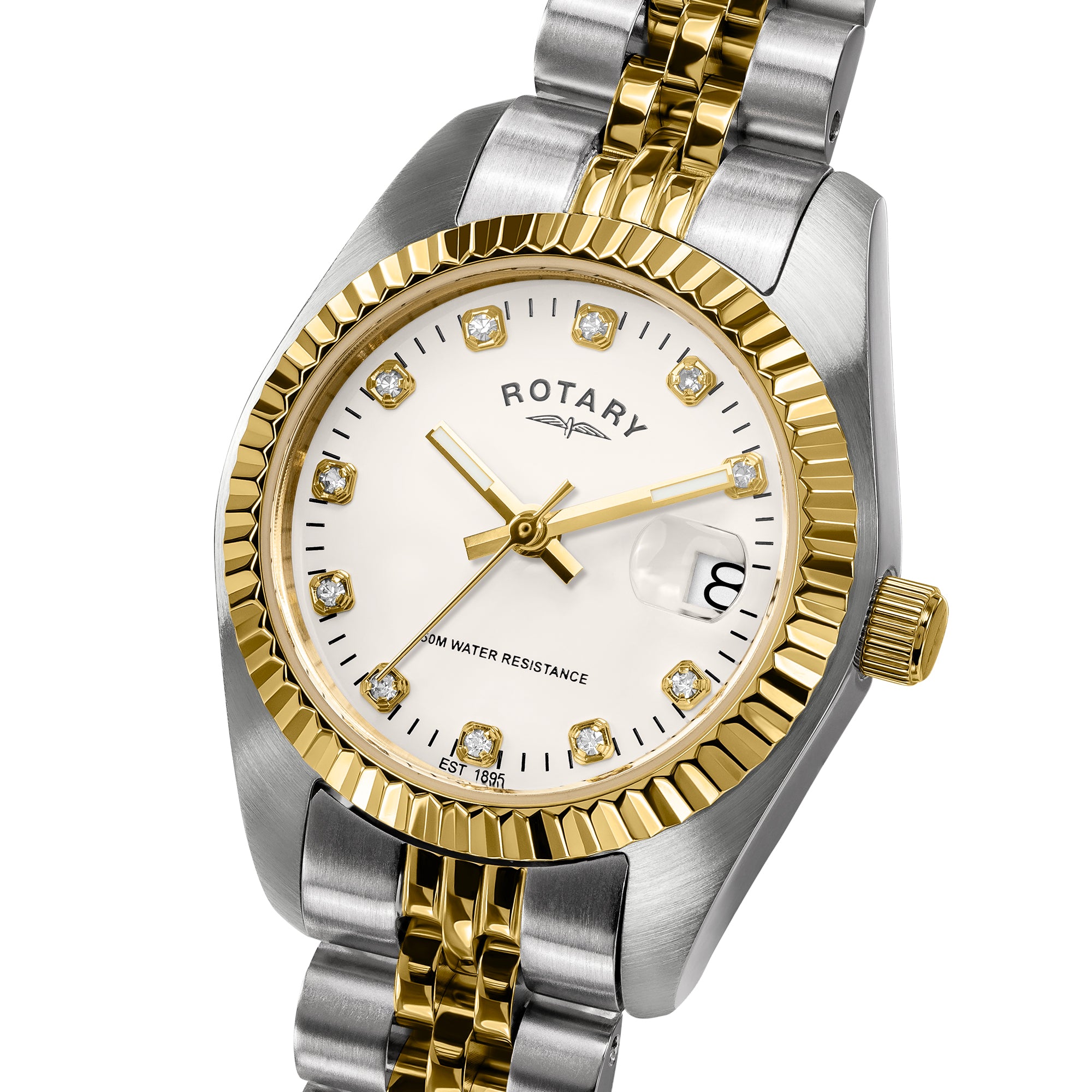 A two-tone stainless steel and gold Rotary watch with a white dial, featuring gem-set hour markers and a fluted gold bezel, shown on a white background.