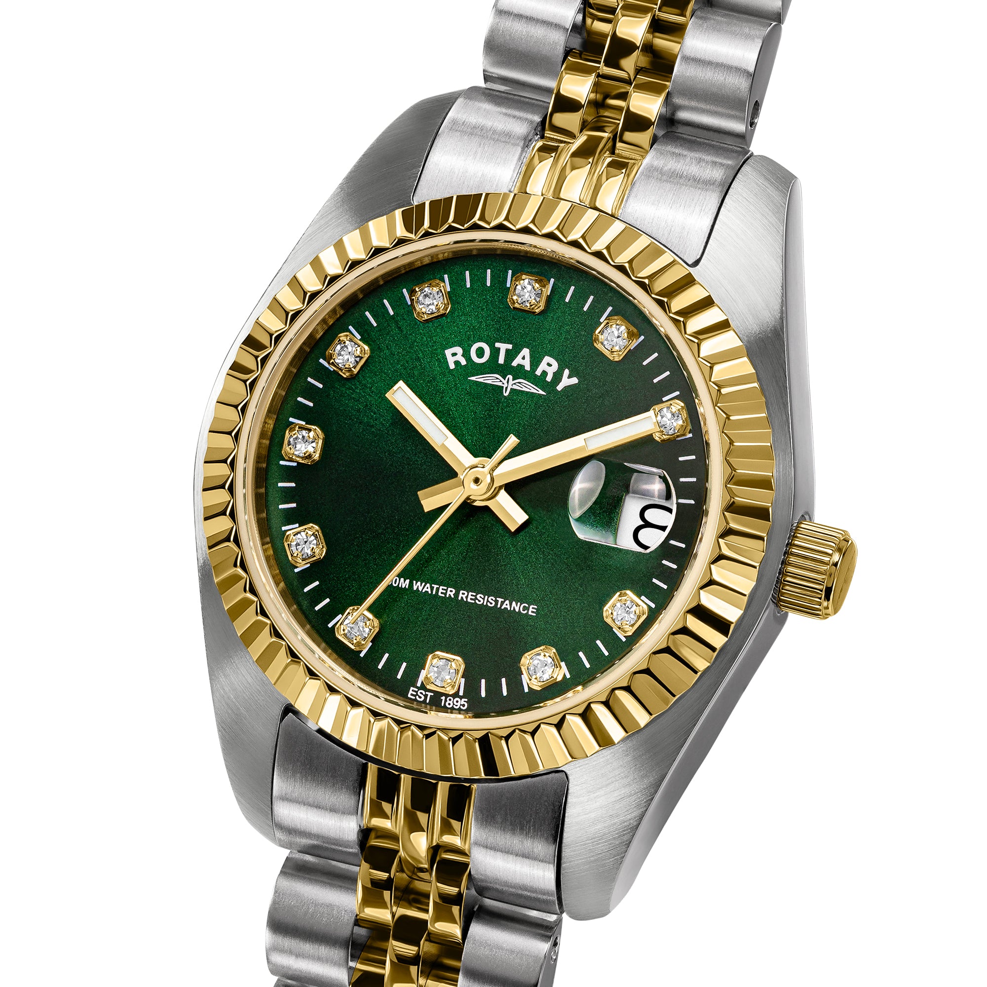 A luxury two-tone watch by Rotary featuring a green dial, gold fluted bezel and hands, and a silver and gold link bracelet, shown on a white background.