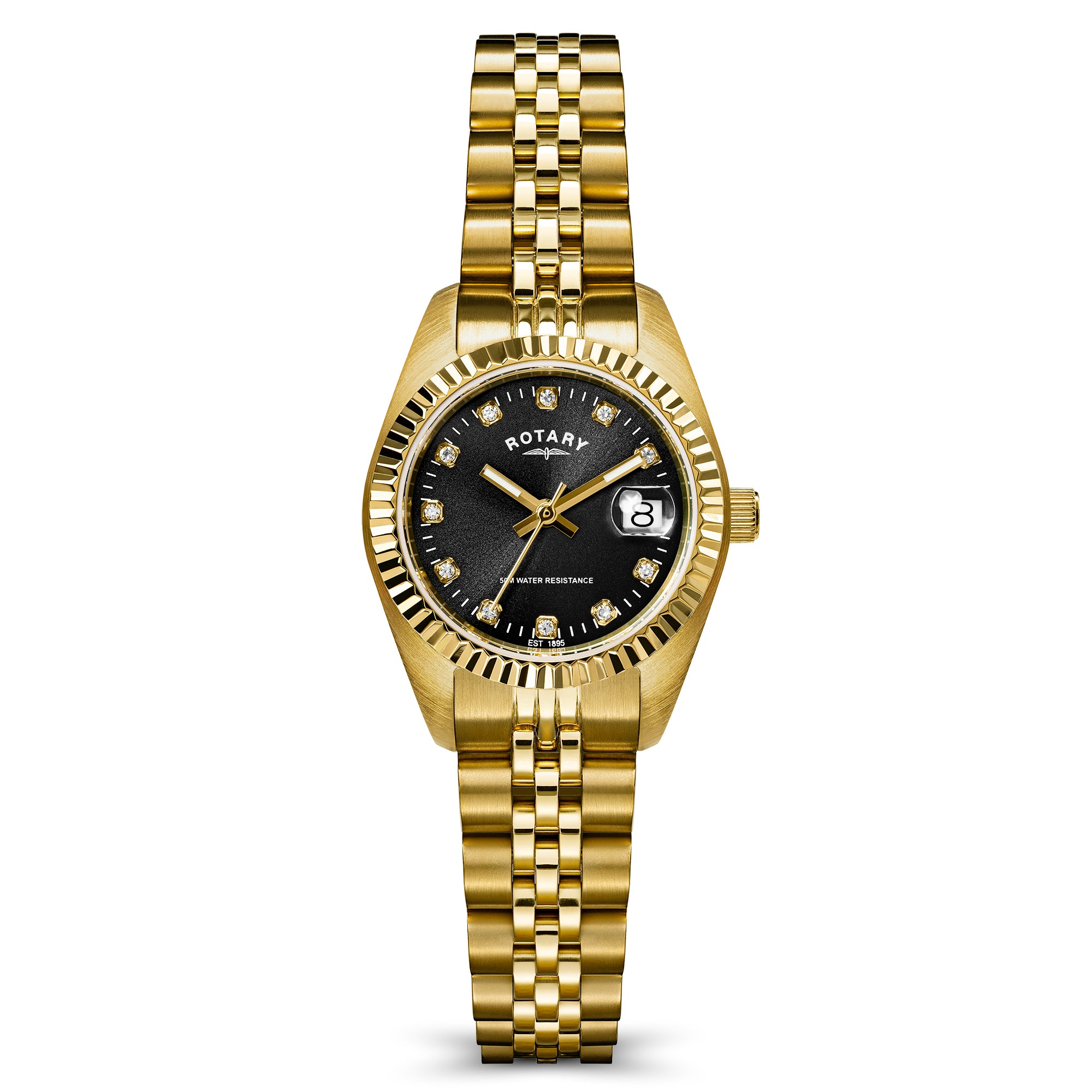 A gold-tone Rotary watch with a black dial, fluted bezel, and matching gold link bracelet, shown on a clean white background.