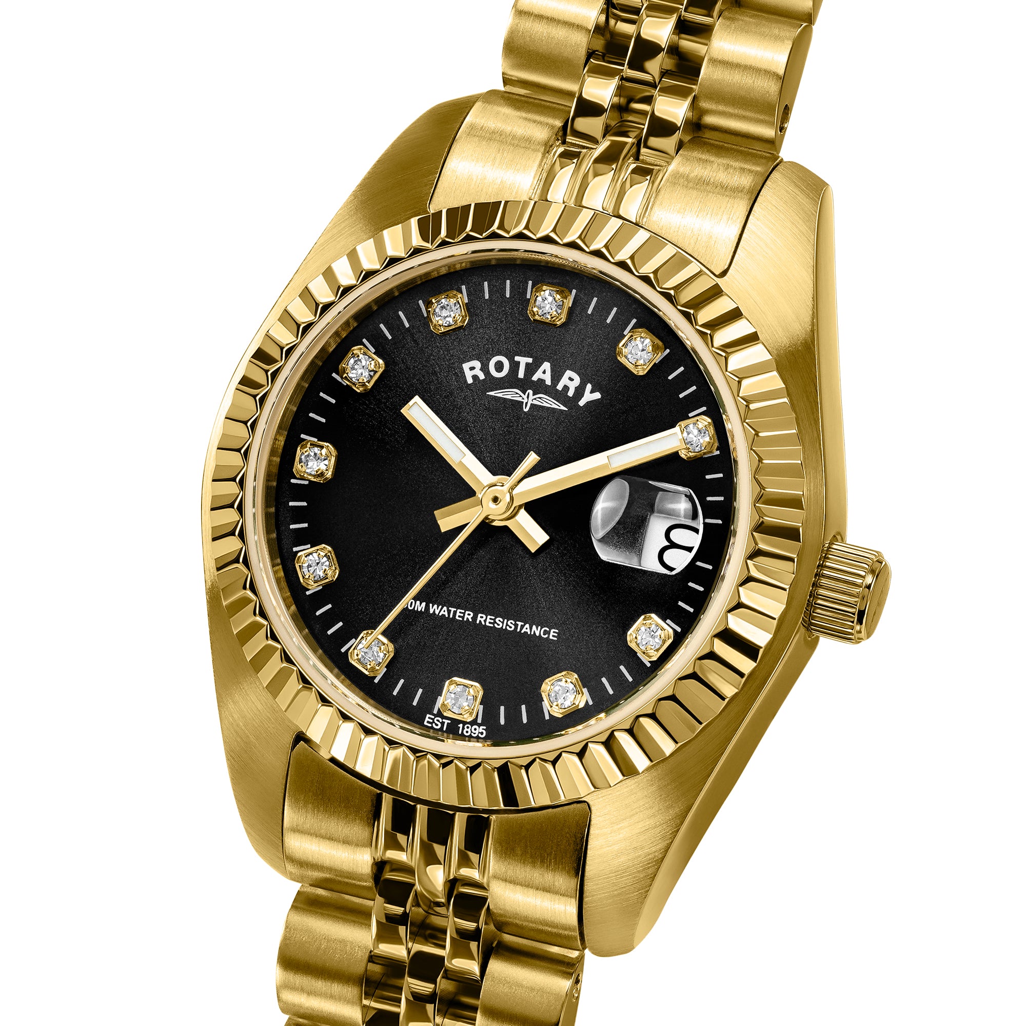 A gold-tone Rotary watch with a black dial, fluted bezel, and matching gold bracelet. The dial features diamond hour markers and a date window, with the brand name 'ROTARY' clearly visible.