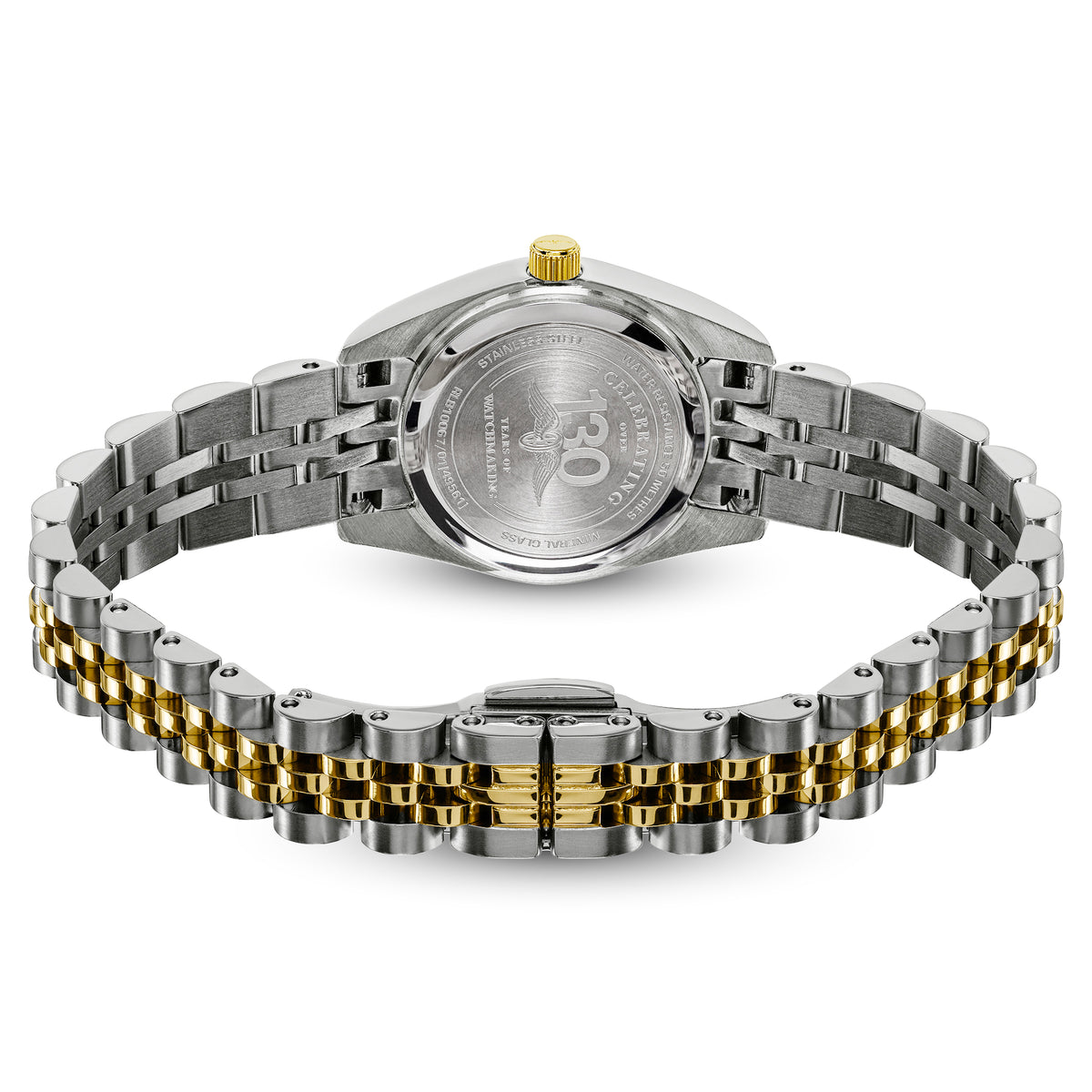 A two-tone stainless steel and gold Rotary wristwatch shown from the back, featuring a multi-link bracelet with alternating silver and gold segments, and a gold crown.