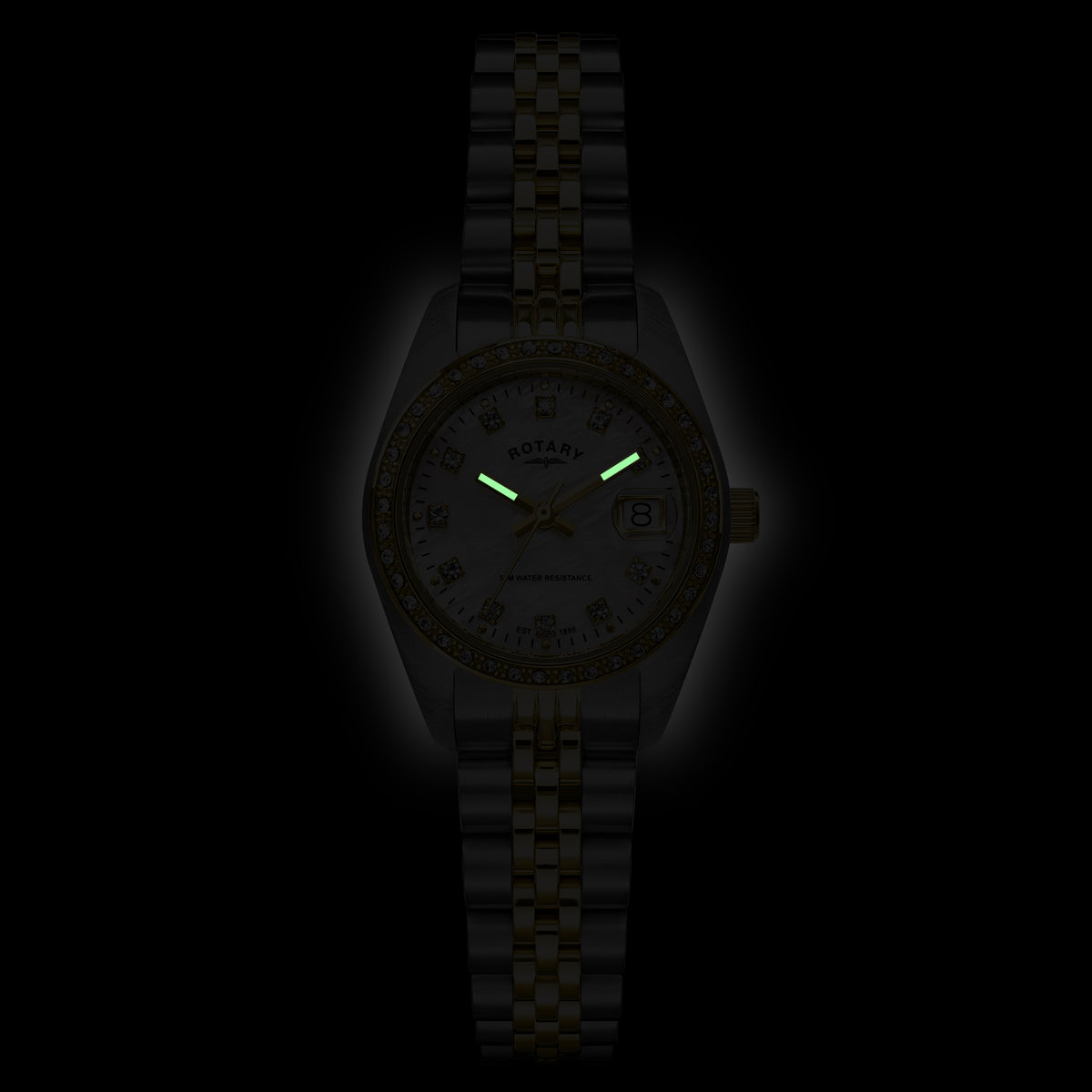 A Rotary ladies wristwatch with a dark metallic link bracelet and a matching dark dial, shown against a black background. The watch has luminous green hands and a date window at 3 o'clock.