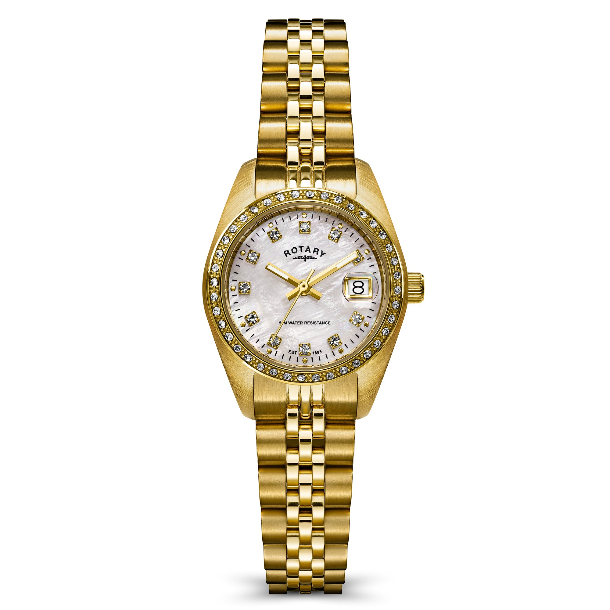 A gold-tone women's watch by Rotary with a mother-of-pearl dial, crystal bezel, and matching gold link bracelet, shown on a white background.