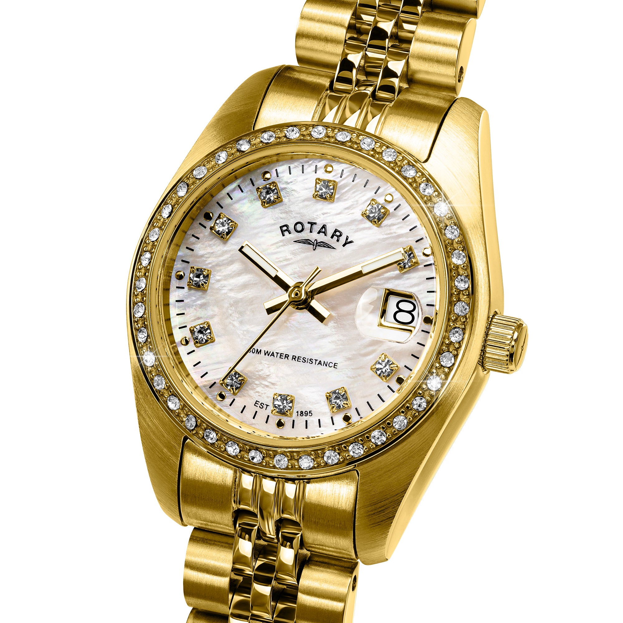 A gold-tone Rotary Dress Date wristwatch with a mother-of-pearl white dial, crystal-encrusted bezel, and gold bracelet, shown on a white background.