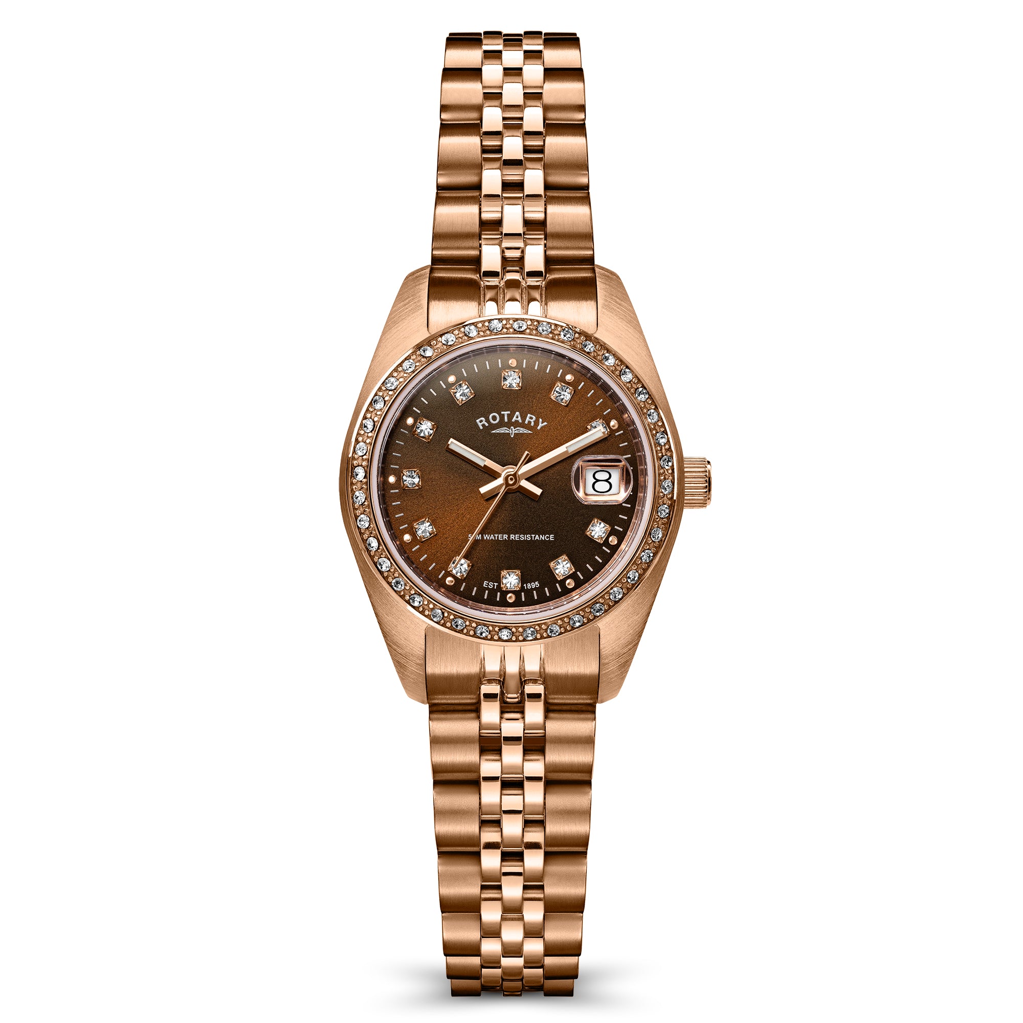 A women's Rotary Dress Date watch featuring a rose gold PVD stainless steel bracelet and case, a dark brown dial with diamond hour markers, and a bezel set with clear crystals, shown against a plain white background.