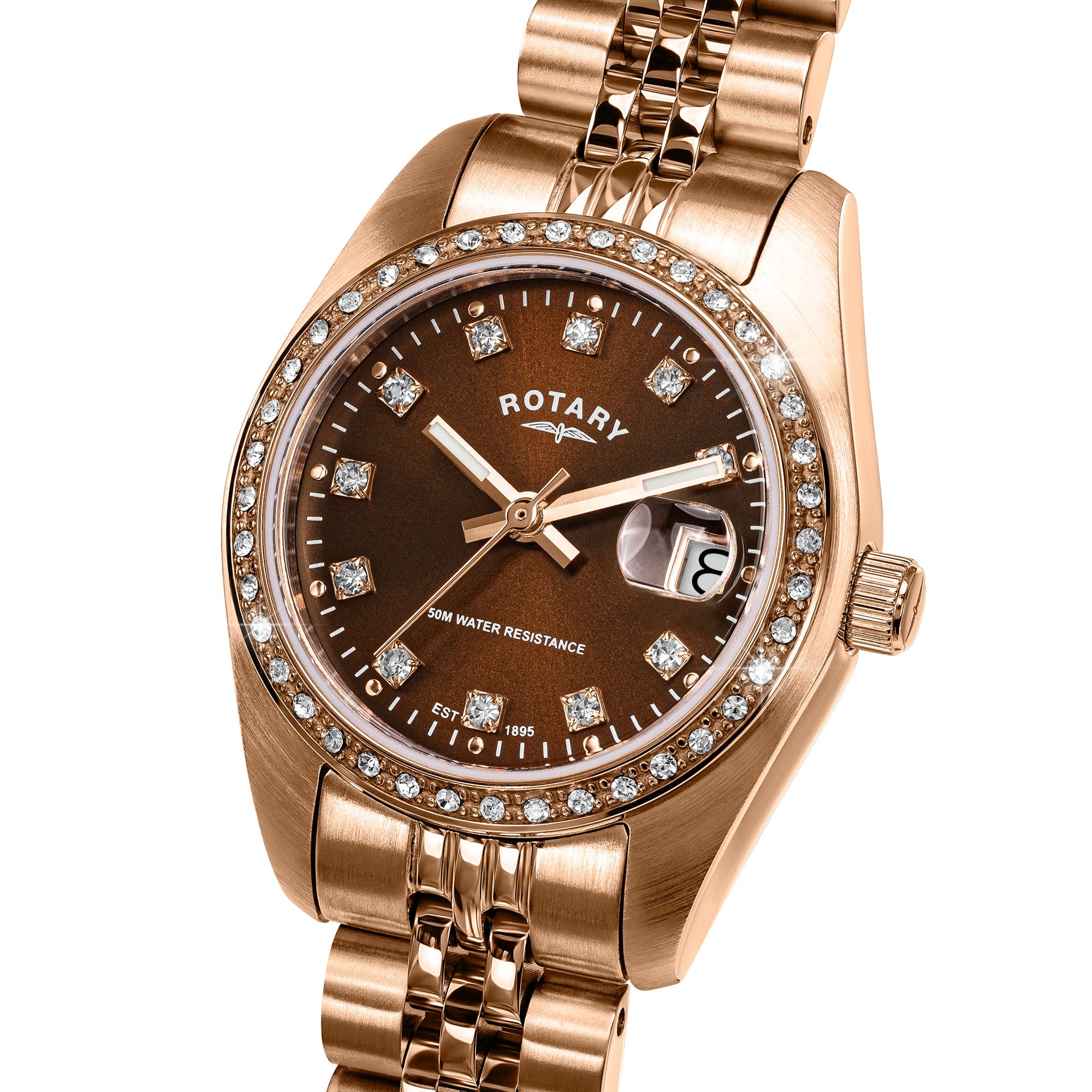 A luxury Rotary wristwatch with a rose gold-tone PVD stainless steel case and bracelet, featuring a dark brown dial, a bezel encrusted with clear crystals, and a date window. The brand 'ROTARY' is clearly visible on the dial.