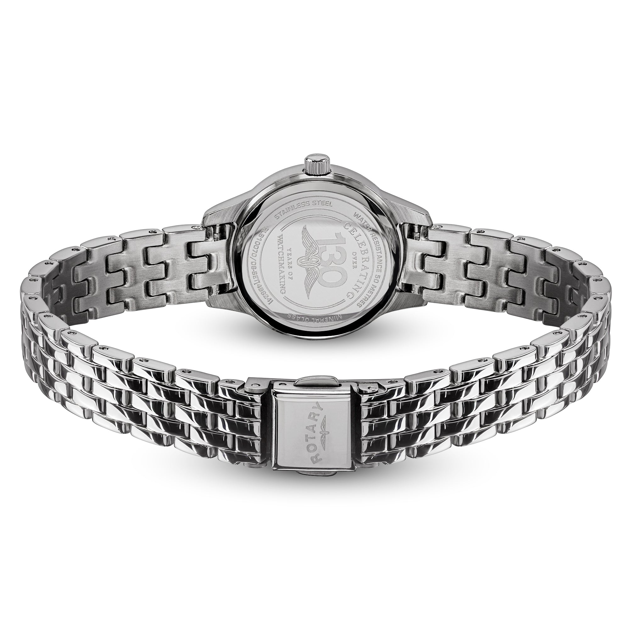 Silver-tone stainless steel Rotary watch band with a link design, shown from the back with the case end visible.