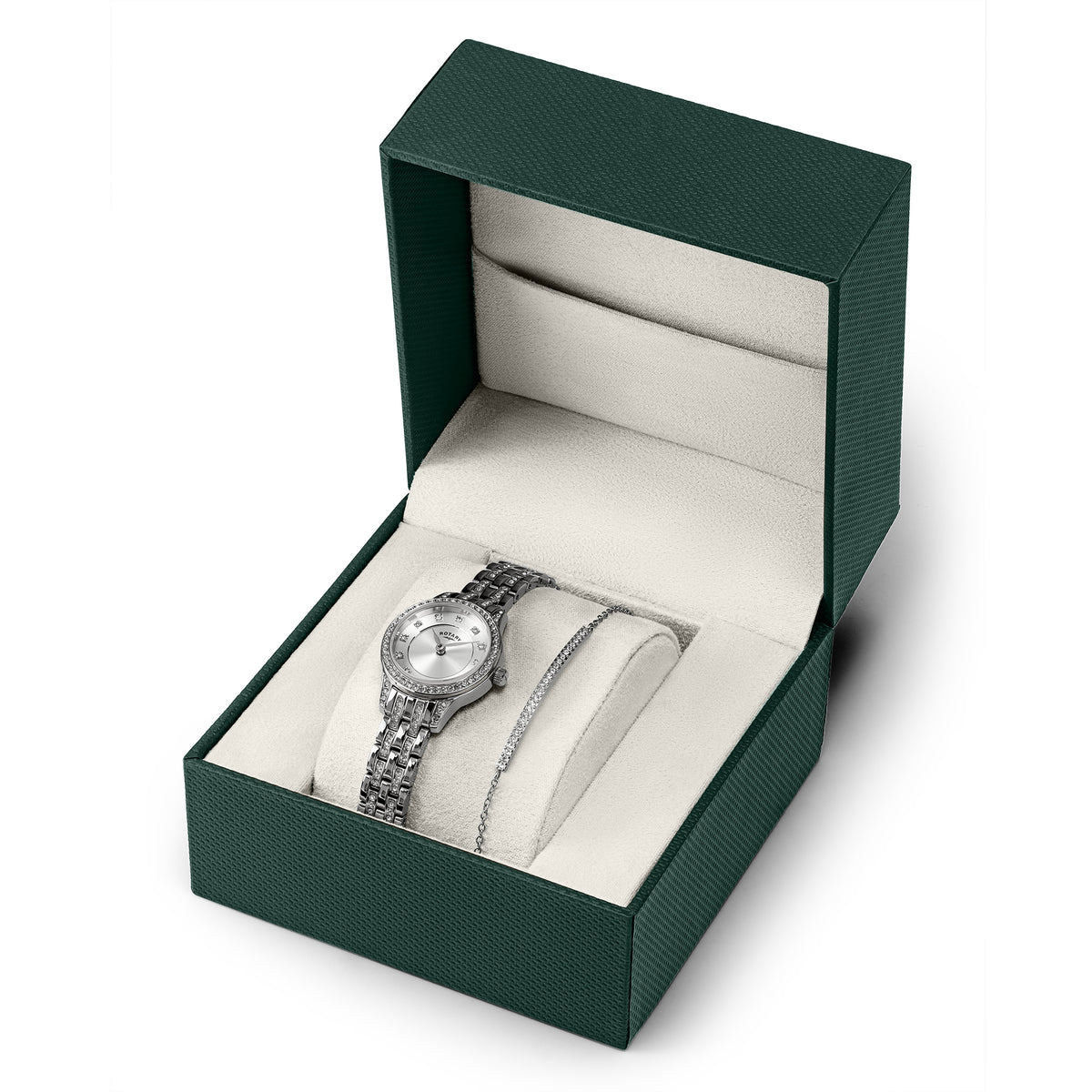 A silver-tone Rotary watch and matching chain bracelet presented in an open dark green jewelry box with a cream-colored interior.