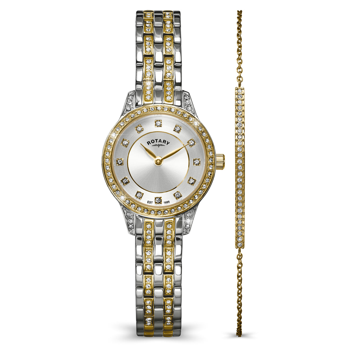 A two-tone silver and gold Rotary watch with a gem-set bezel and silver-and-gold link bracelet, shown alongside a matching slim gold bracelet on a white background.