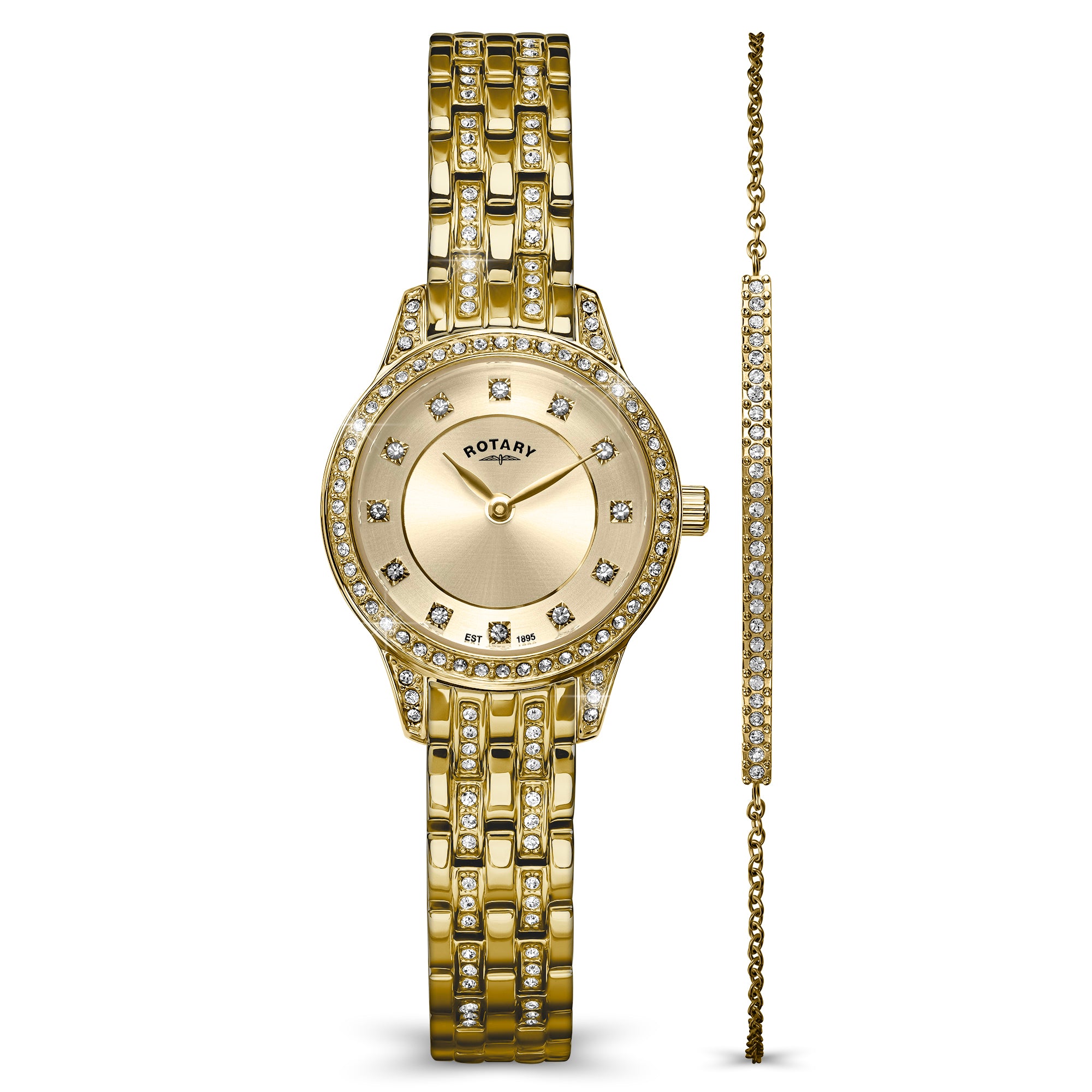 A gold-tone women's watch with a gem-set bezel and matching crystal-encrusted bracelet, shown alongside a slim matching bracelet on a white background. The watch dial features the ROTARY brand name.