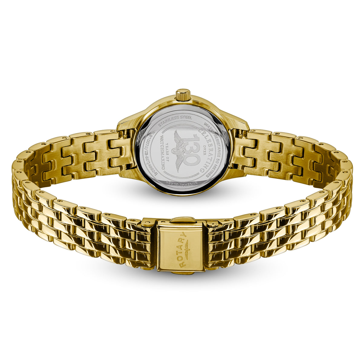 Gold-tone Rotary stainless steel watch with a multi-link bracelet and a round case, shown from the back on a white background. 