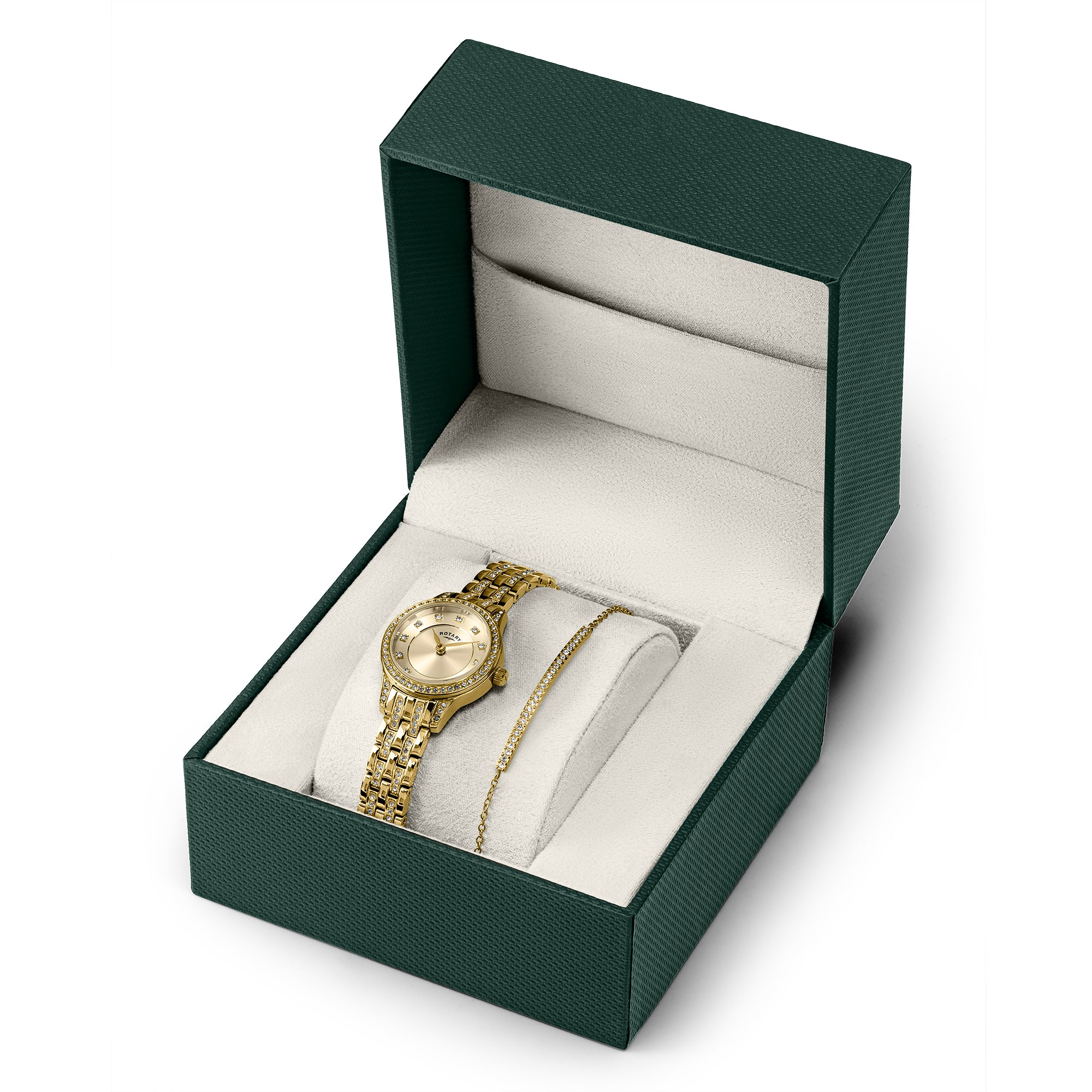 A gold-tone Rotary watch and matching chain presented inside an open dark green jewelry box with a cream-colored interior, photographed on a white background.