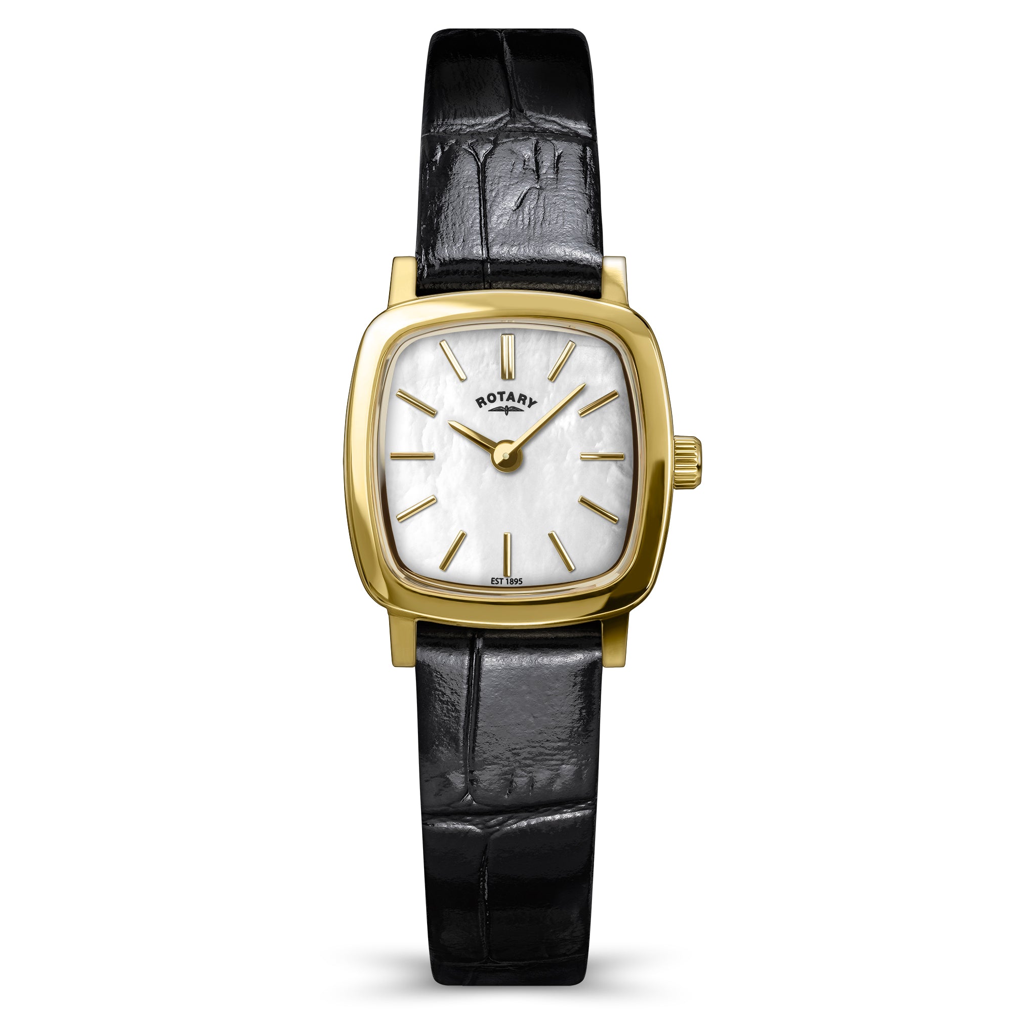 Gold Rotary Heritage Astoria watch with a black strap on a white background