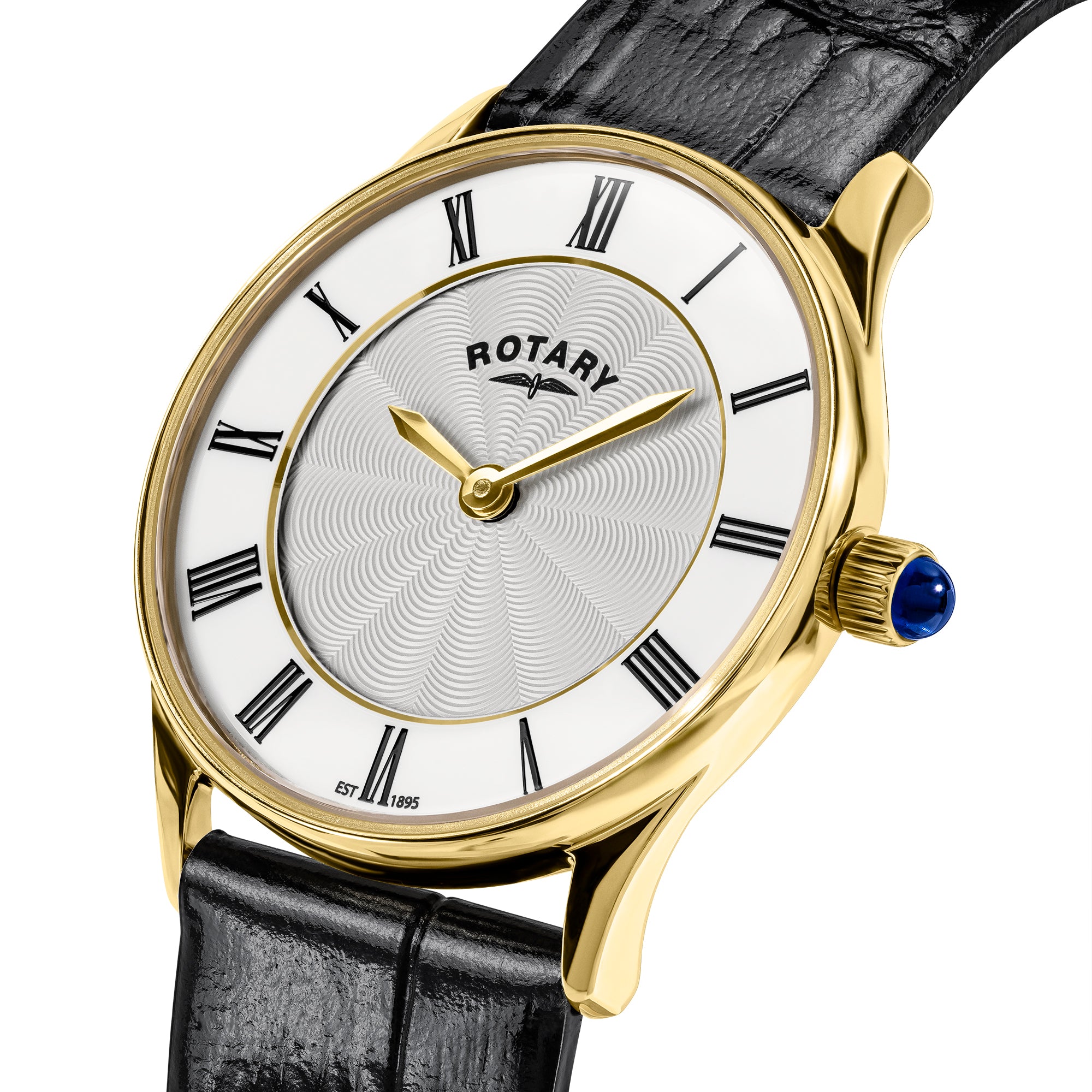 Rotary Heritage watch with gold case, black leather strap, and white face with Roman numerals on a white background.