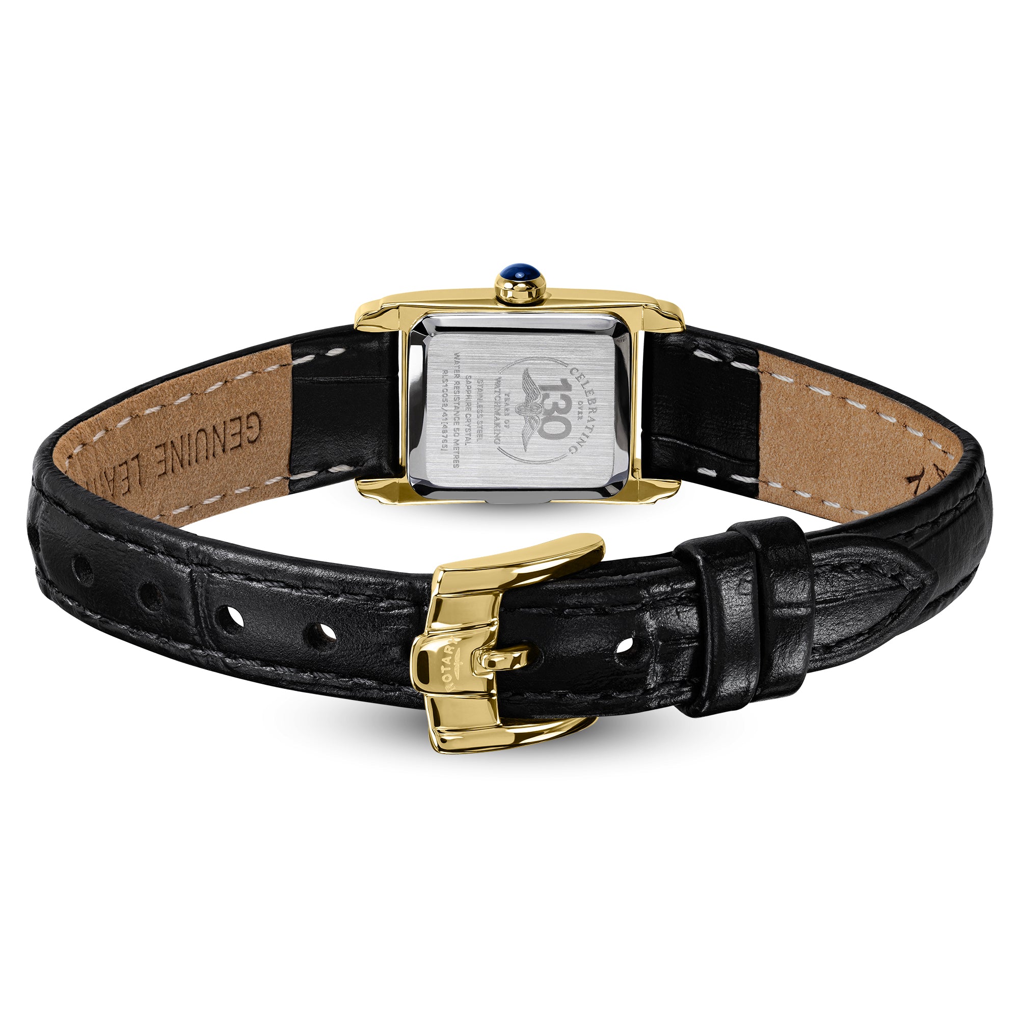 Rotary Heritage Astoria Watch with black leather strap and gold buckle on a white background