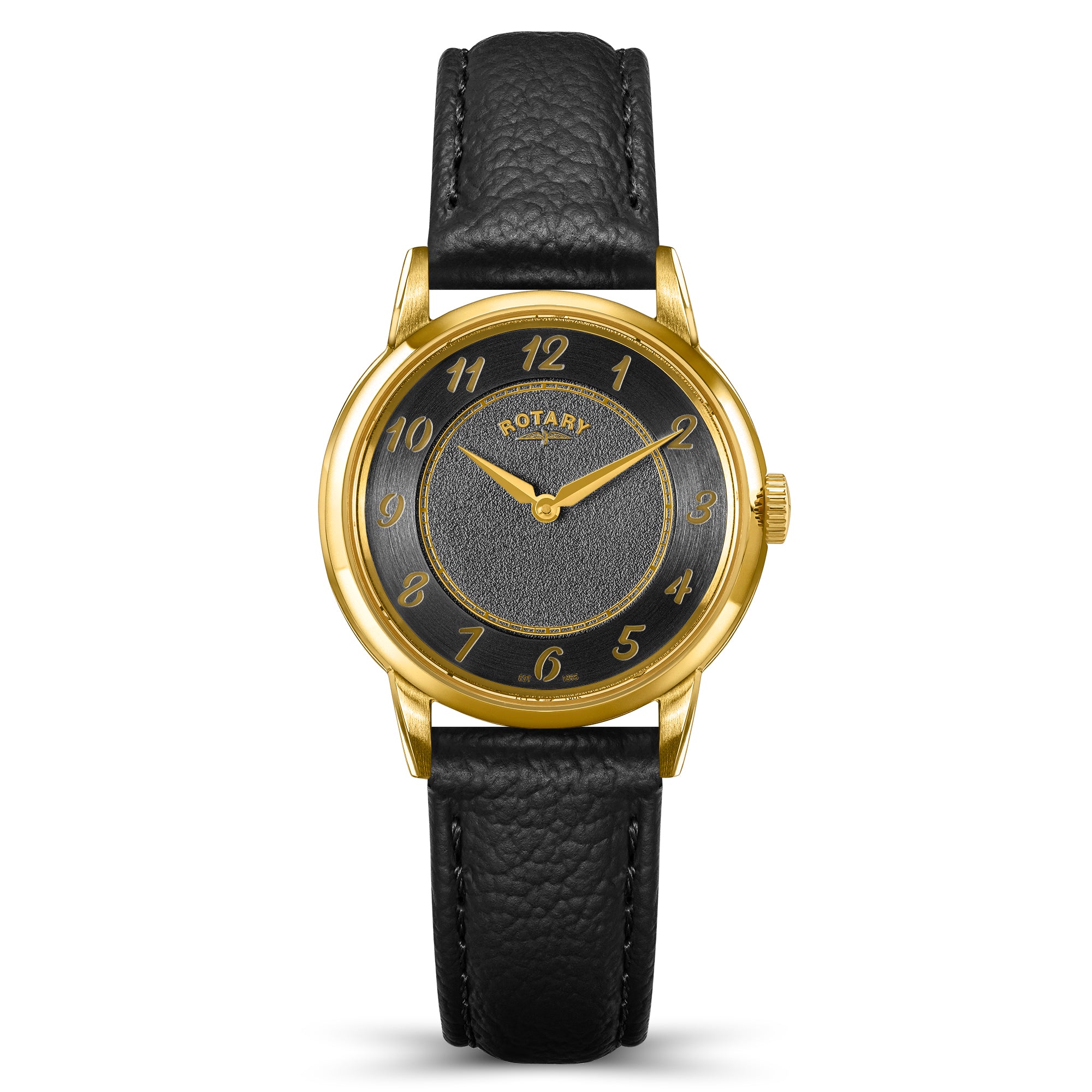 Rotary gold ladies' watch with gold accents and a black leather strap on a white background