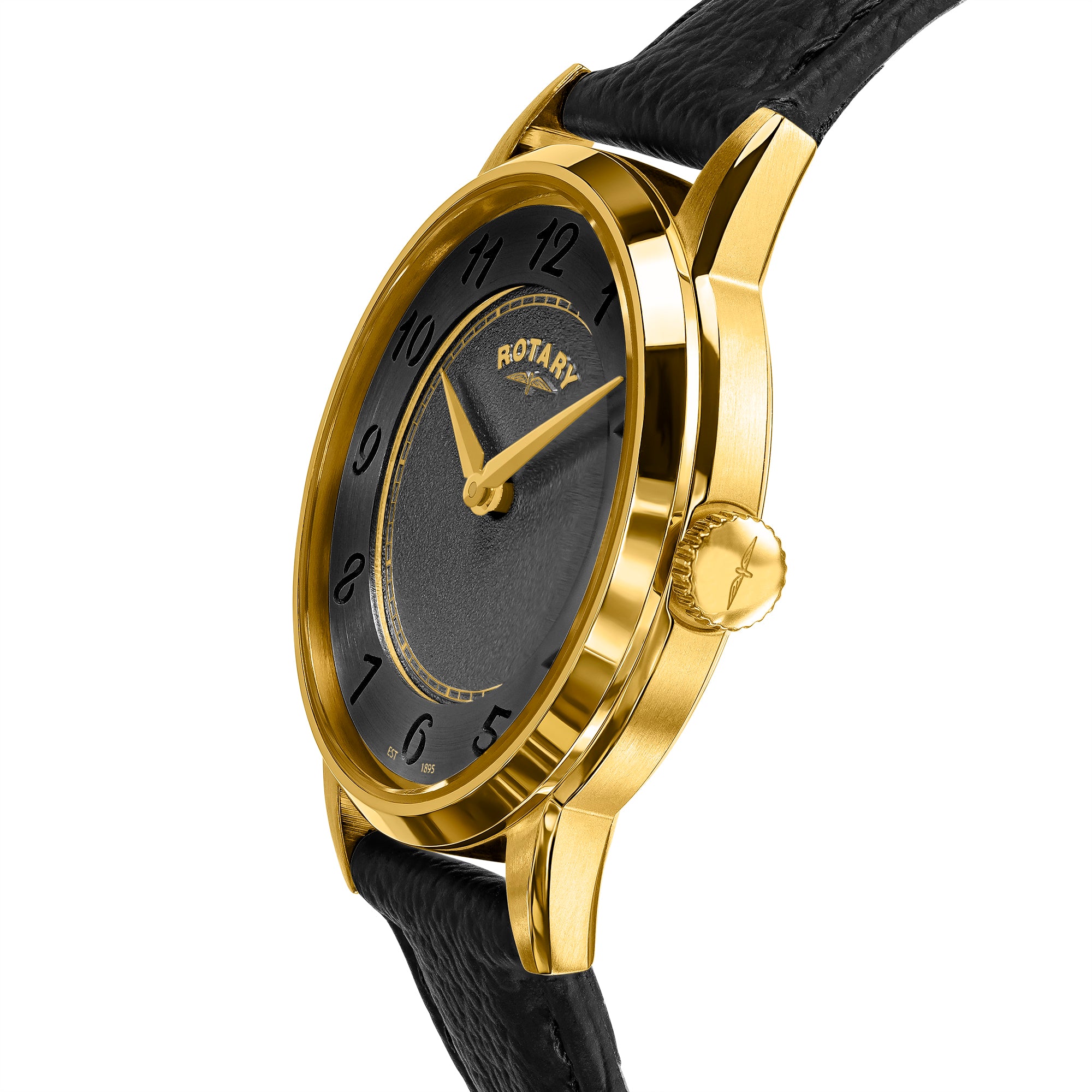 Gold Rotary Heritage wristwatch with black strap on a white background