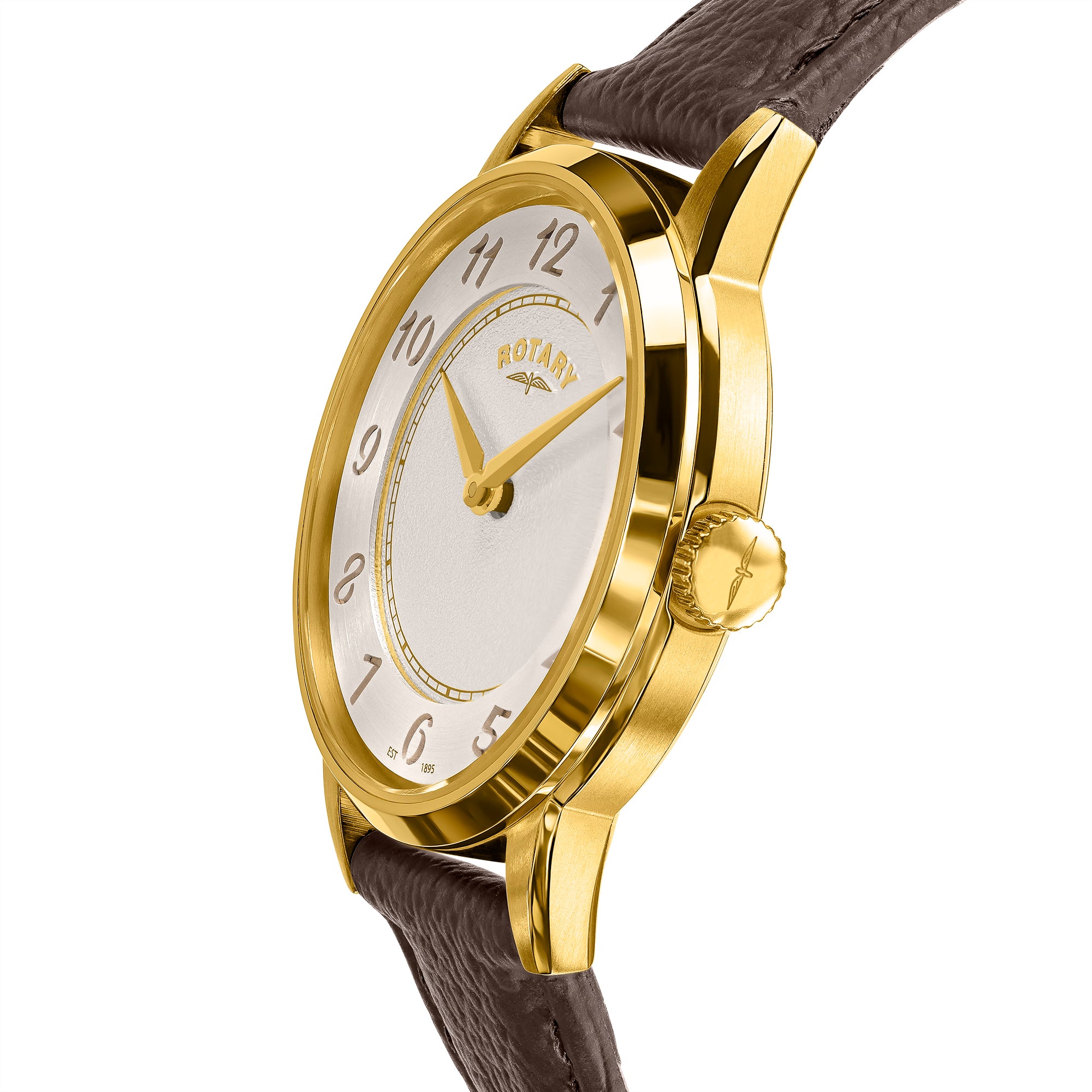 Ladies gold Rotary watch with a brown leather strap on a white background