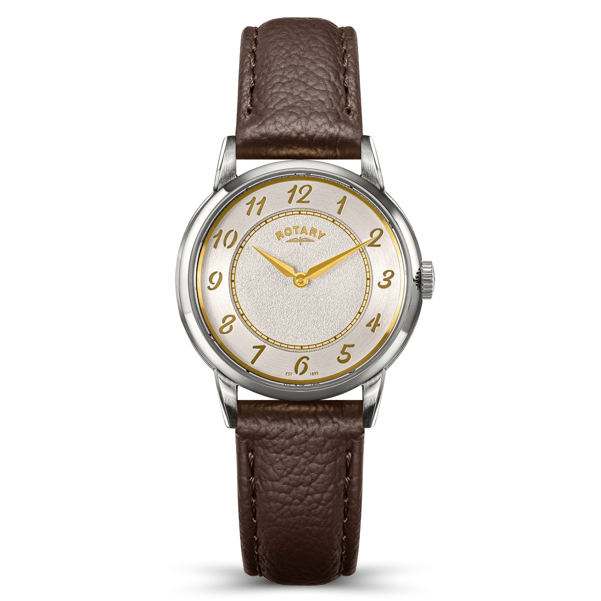 Rotary women's watch with brown leather strap and silver case on white background