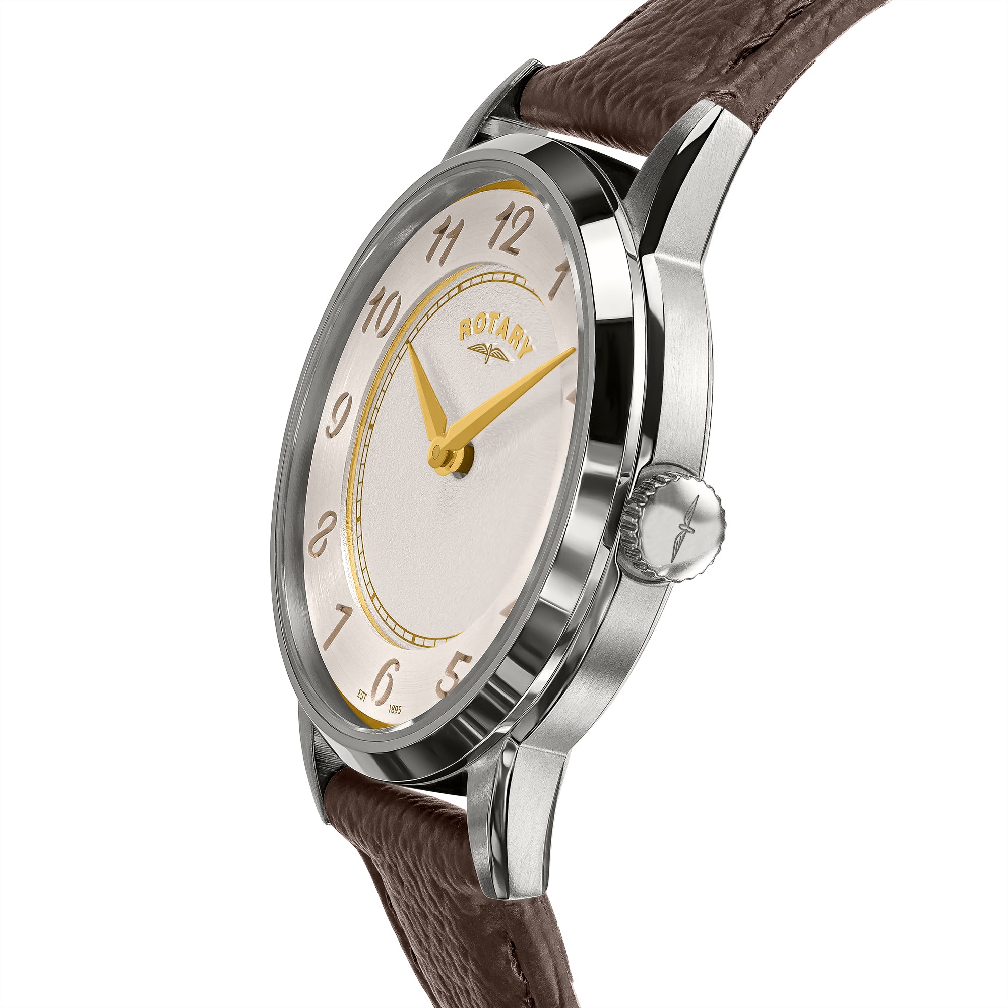 Ladies Rotary Heritage watch with brown leather strap and silver case on a white background