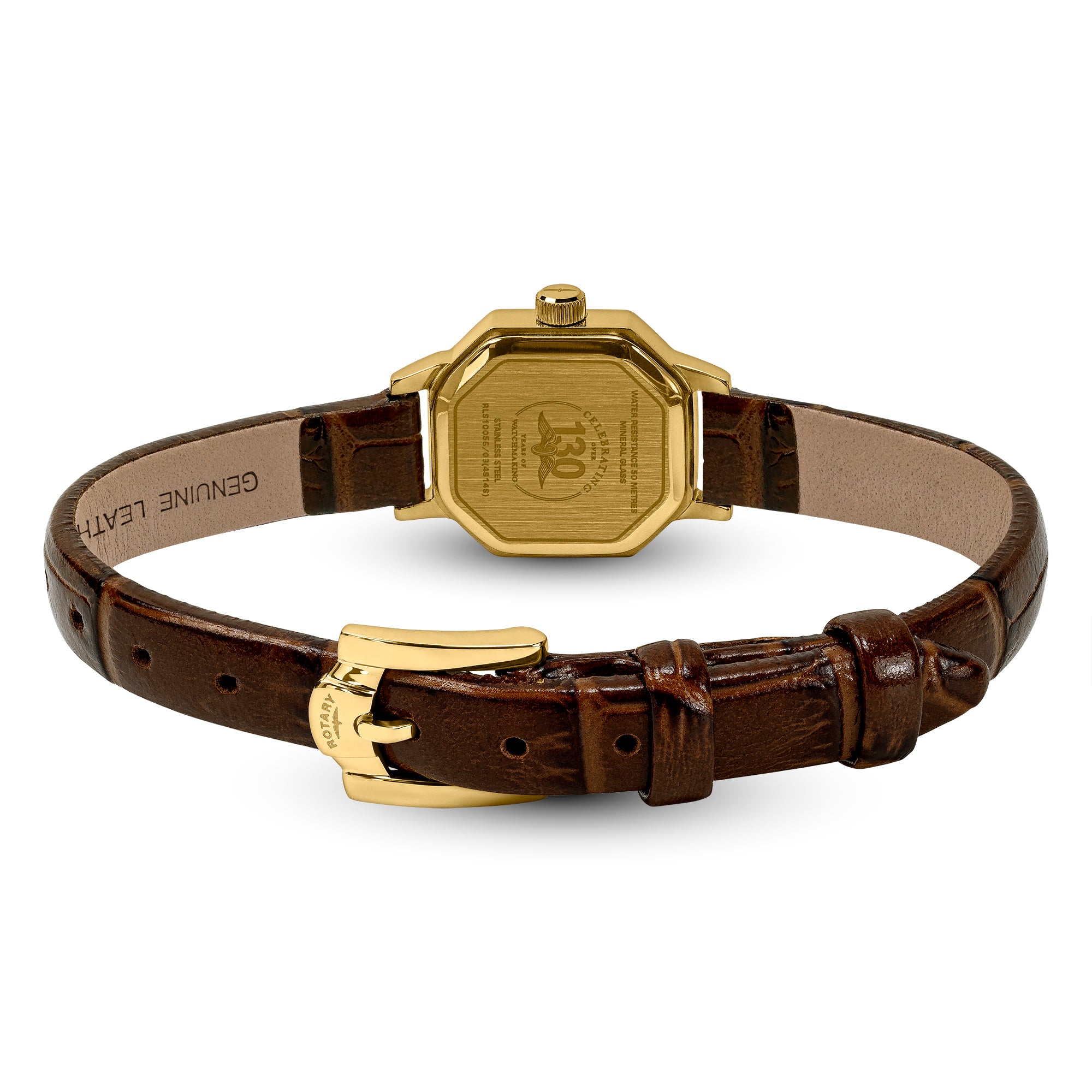 Ladies gold Rotary watch with brown leather strap on a white background