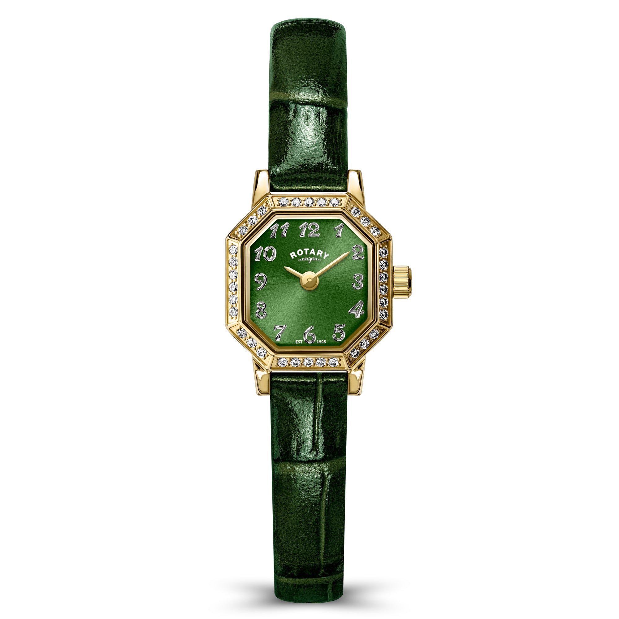 Ladies green watch with gold accents and a matching green leather strap on a white background.