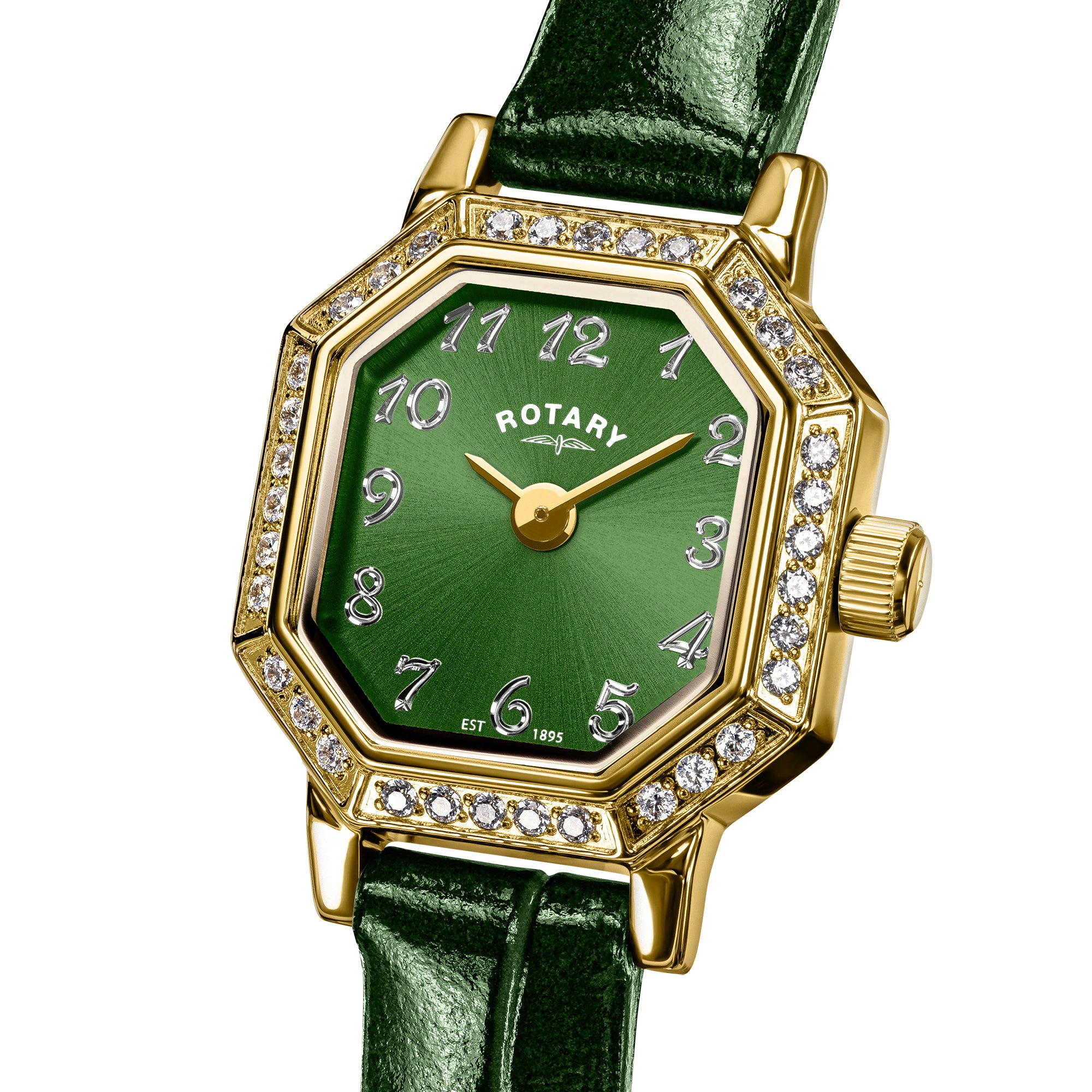 Green Rotary ladies watch with gold bezel and diamond accents on a white background.