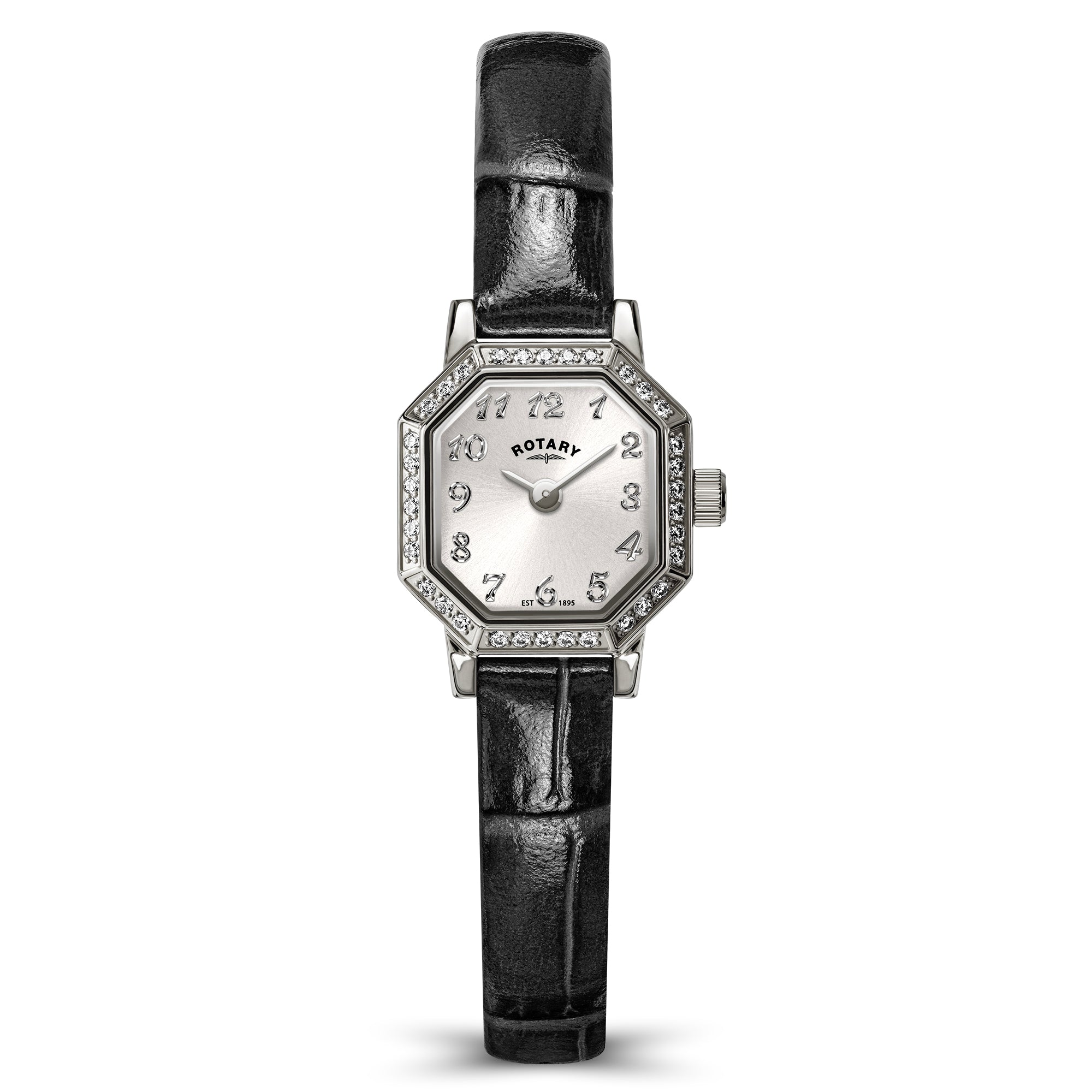 Black leather strap Rotary wristwatch with a silver case on a white background