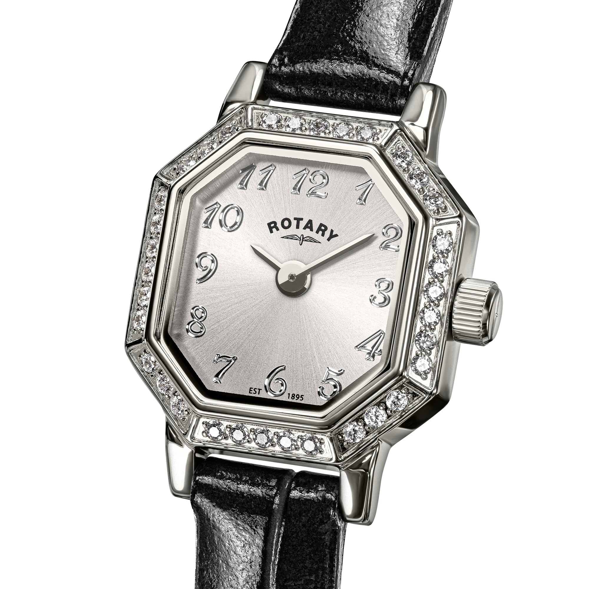 Ladies Rotary watch with black leather strap and silver bezel on a white background