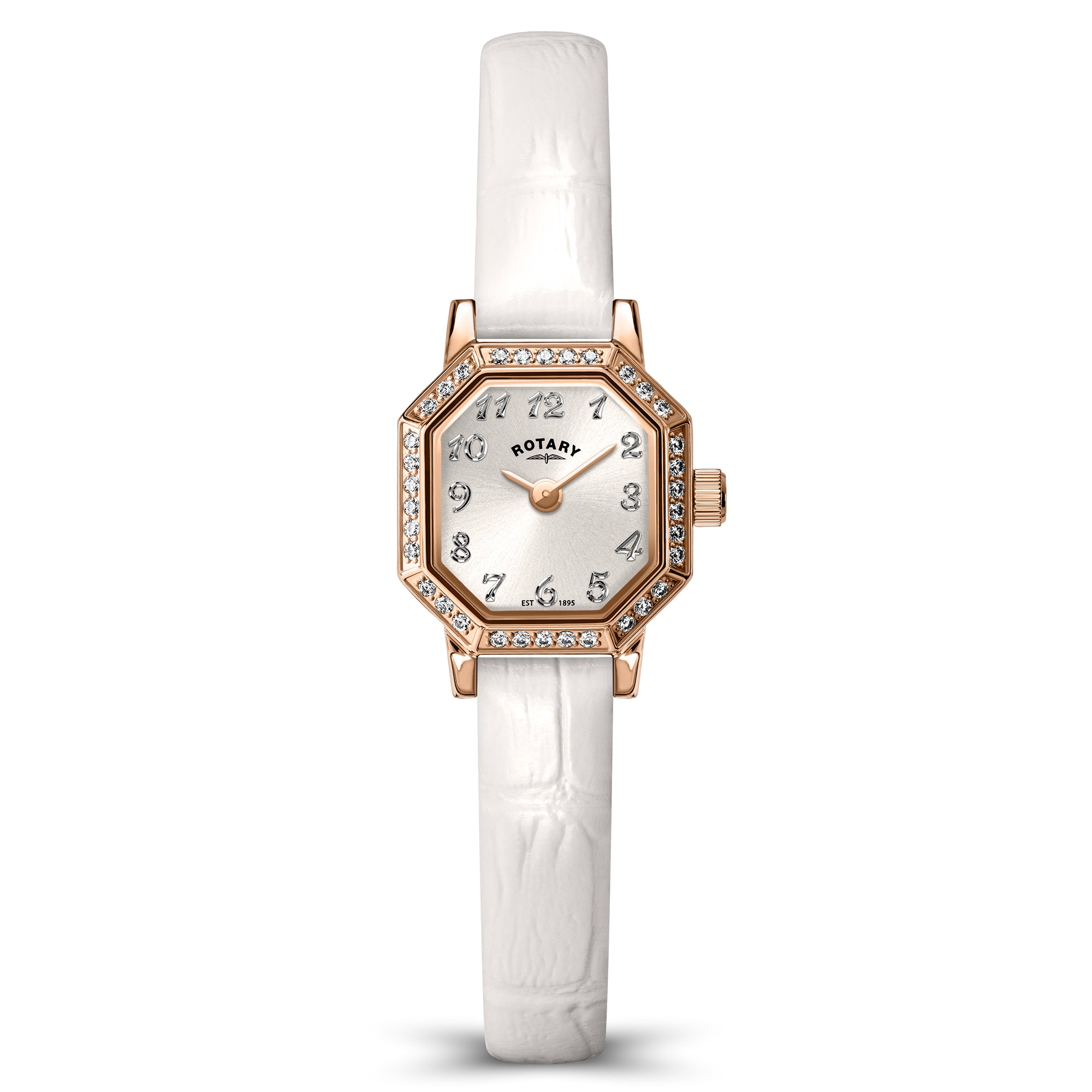 White Rotary wristwatch with rose gold case and gem-stone accents on a white background