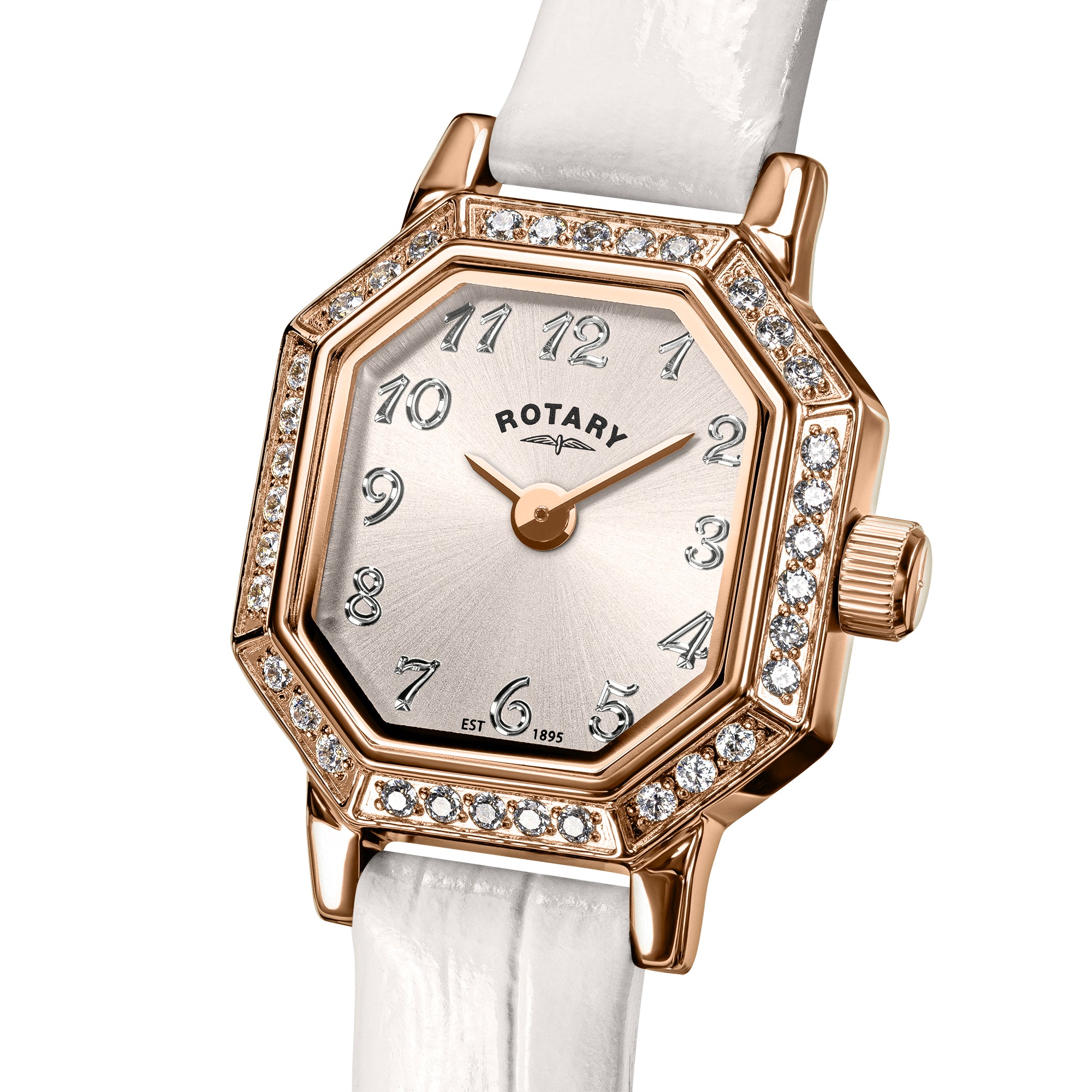 Rotary watch with rose gold case and white strap on a white background