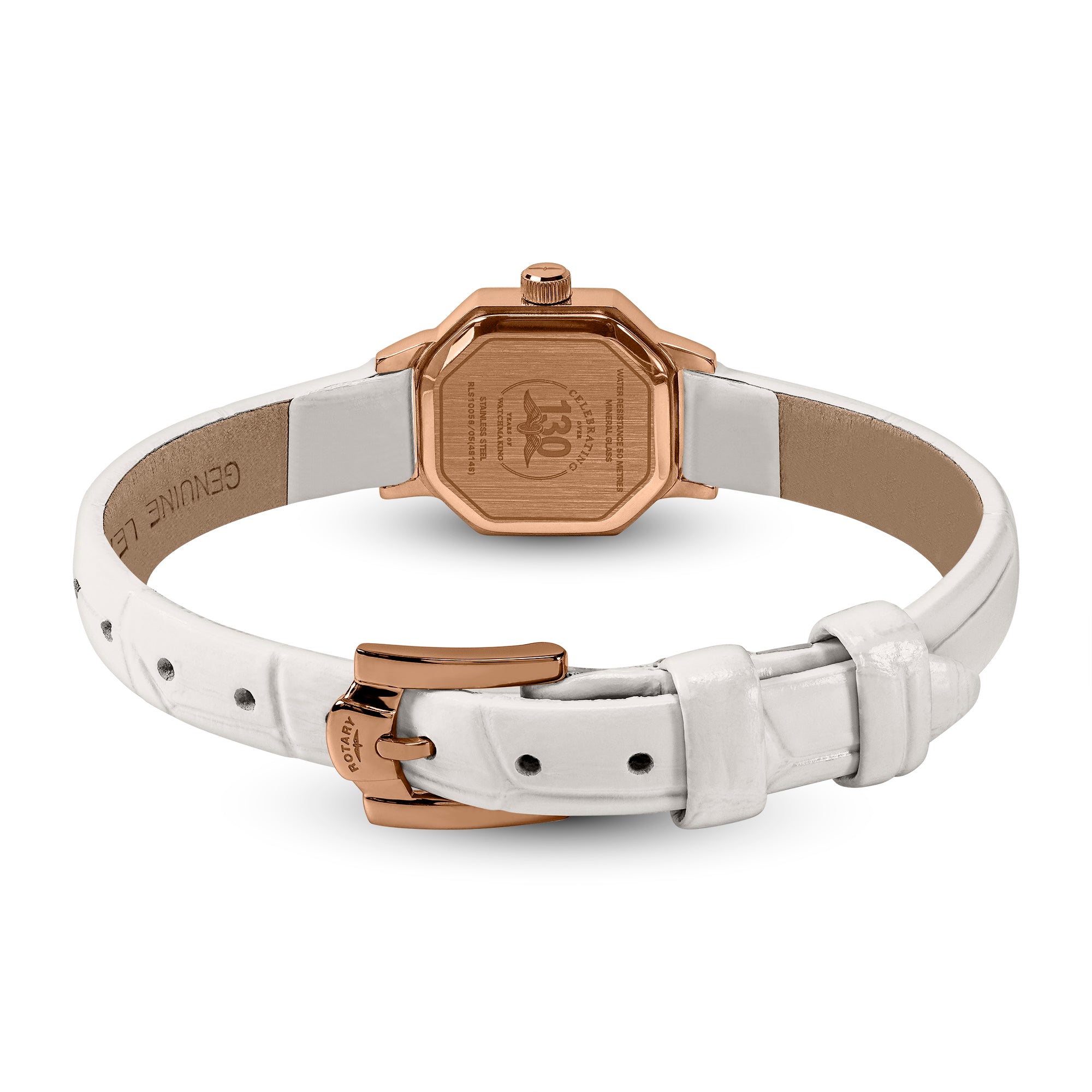 Rotary watch with white strap and rose gold case on a white background