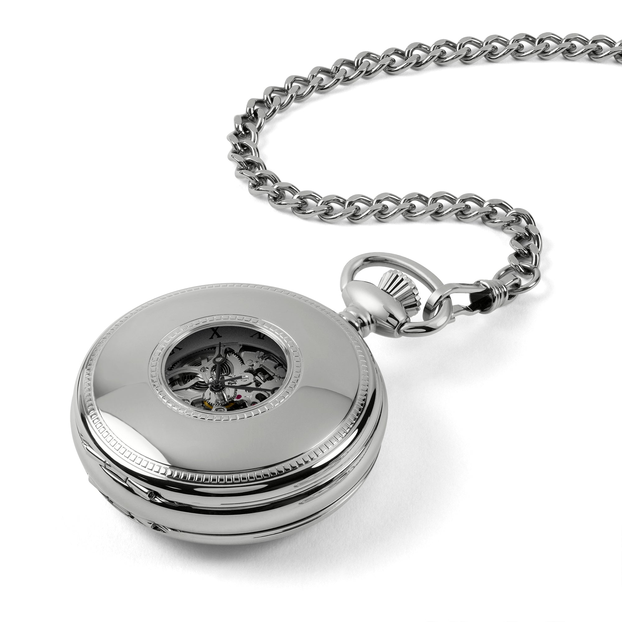 Silver Rotary pocket watch with chain on a white background