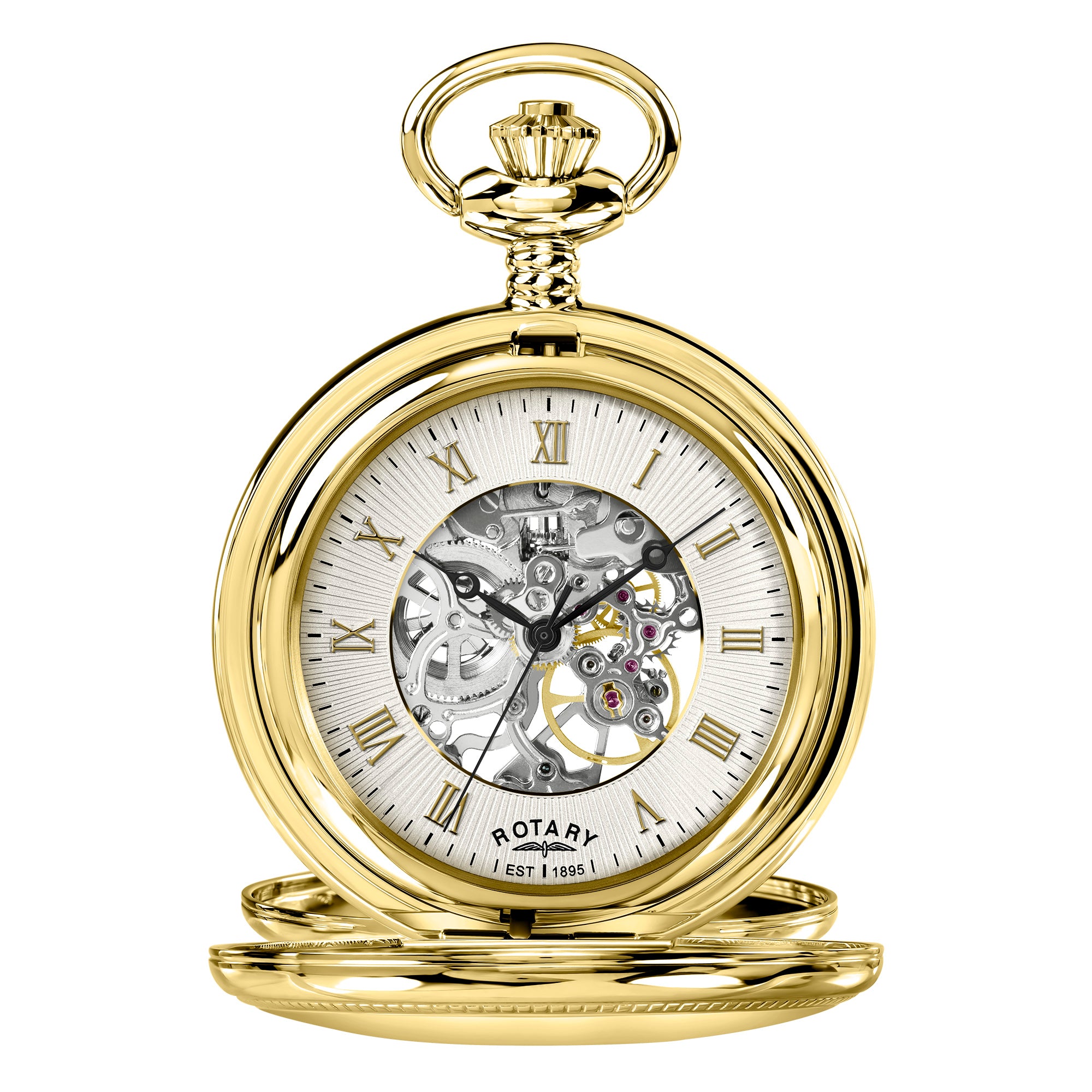 Gold Rotary pocket watch with white face and visible brand name on a white background
