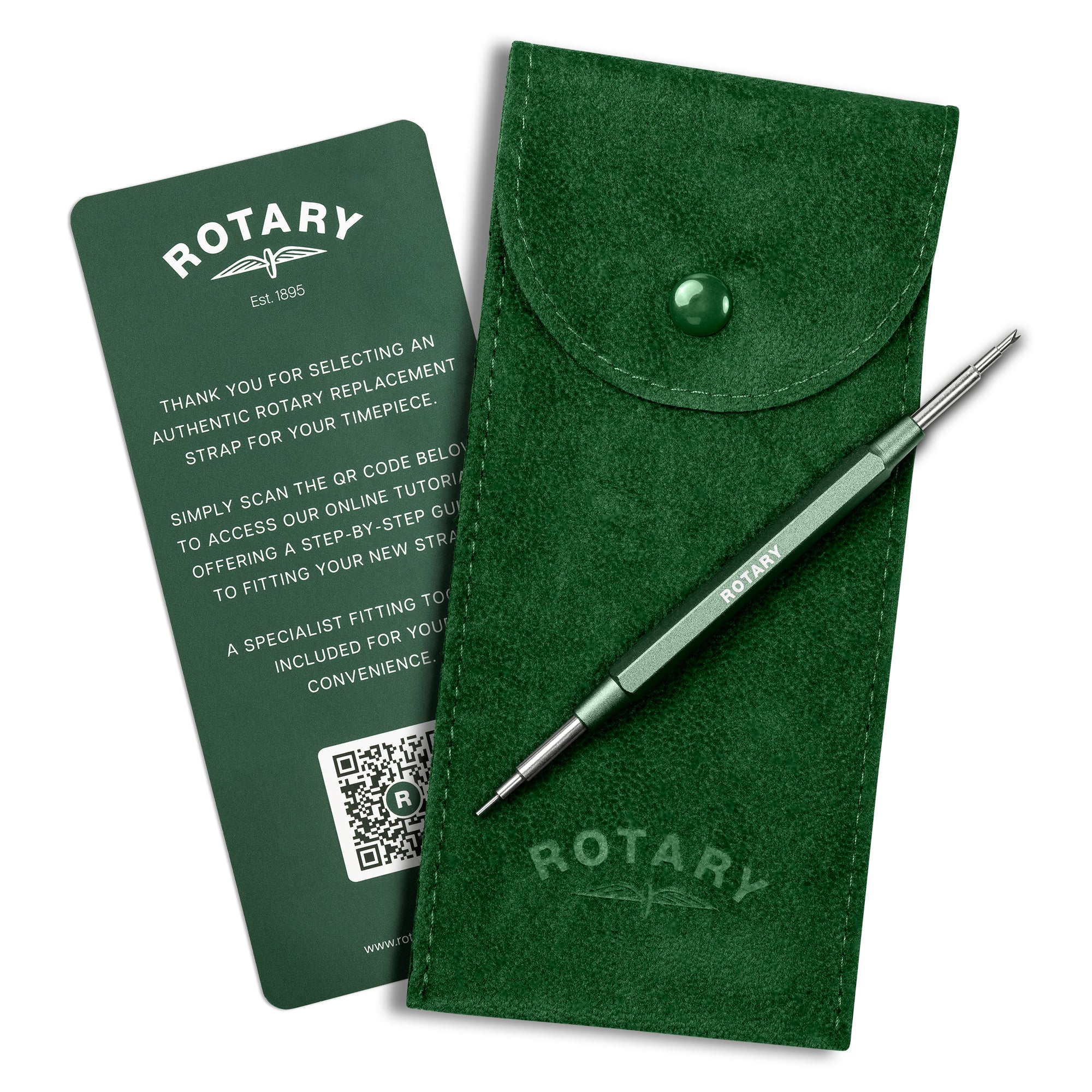 Green felt strap case with strap tool and information card on a white background
