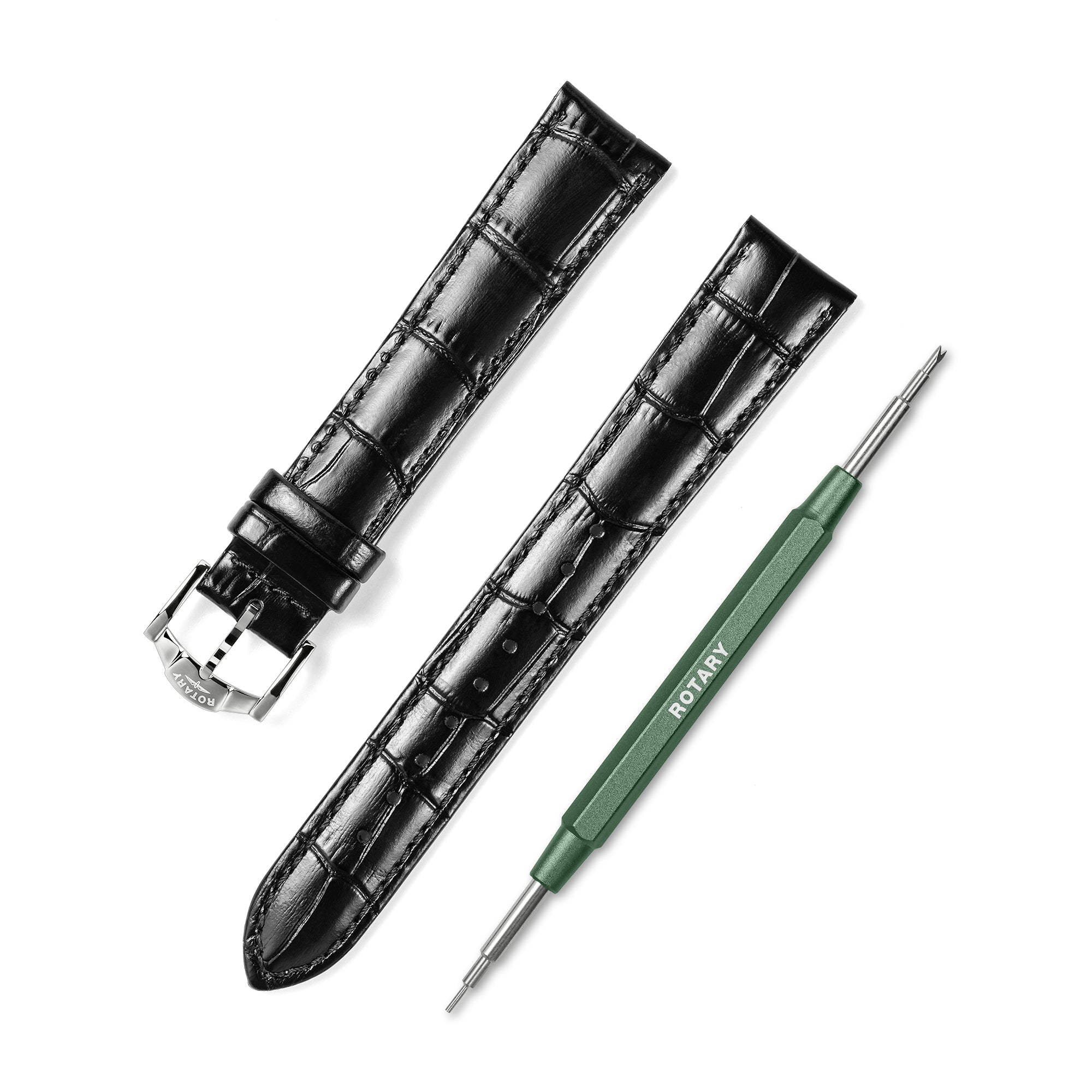 Black crocodile print leather watch strap with a green tool on a white background