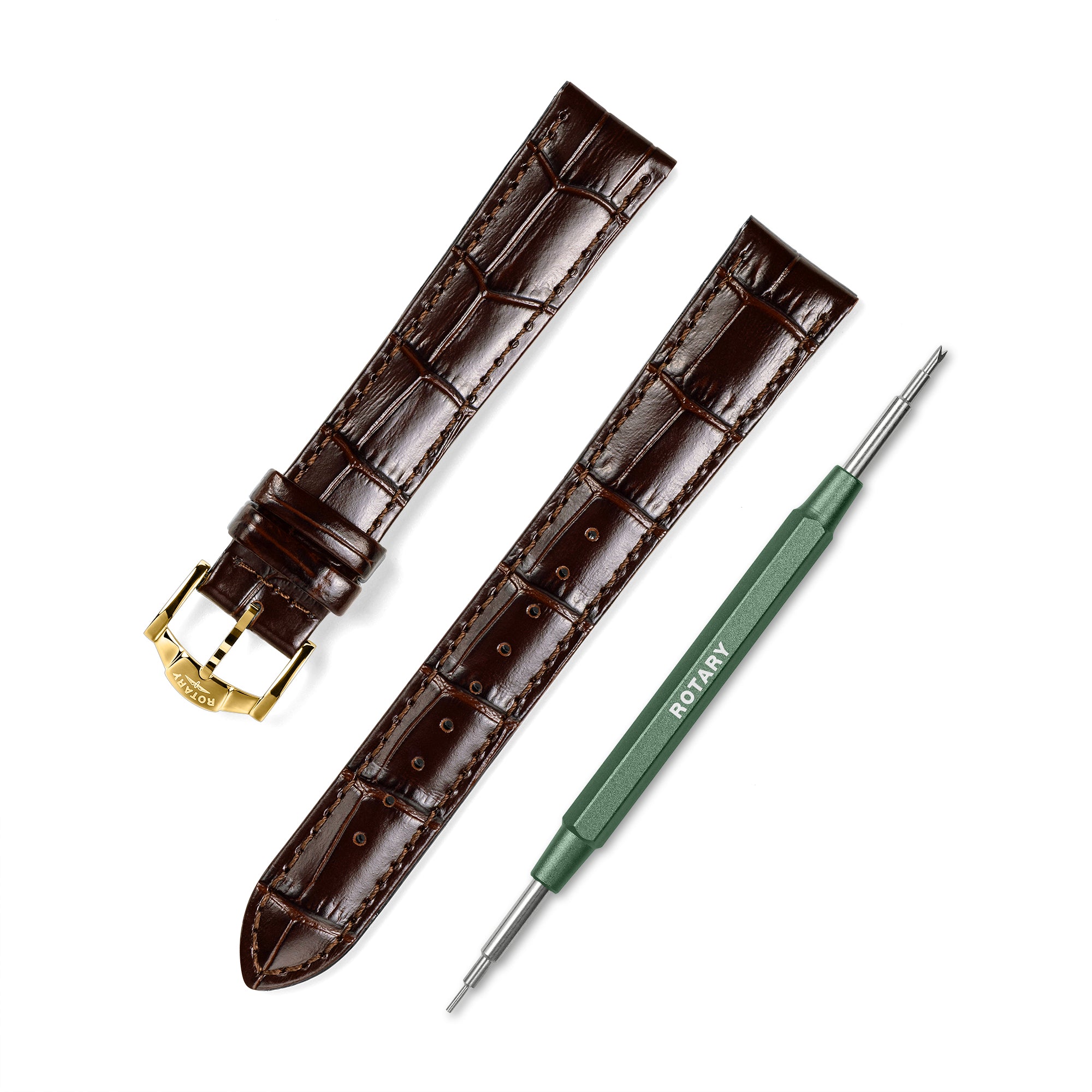 Brown crocodile-patterned watch strap with gold buckle and green tool on a white background