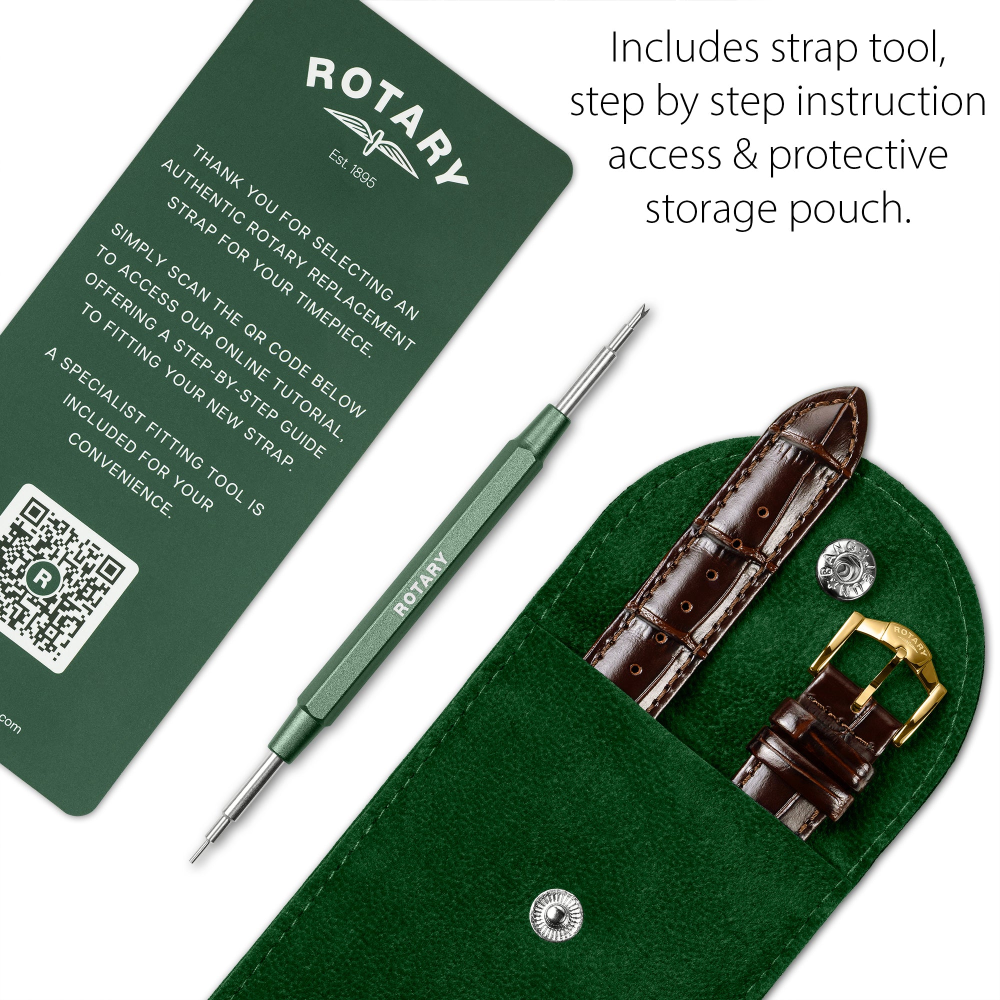 Watch strap tool set with green pouch, strap, and instruction card on a white background