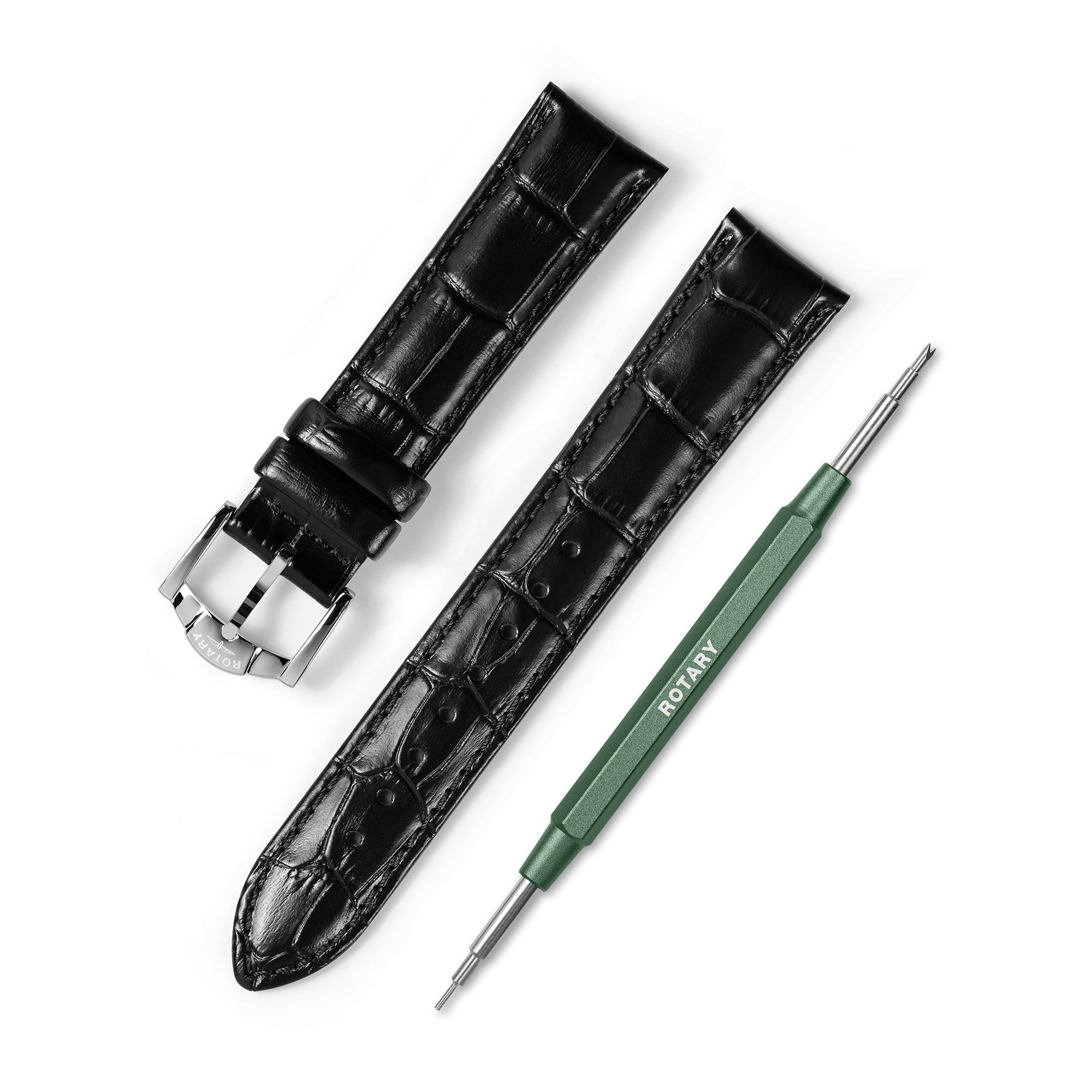 Black crocodile-patterned watch strap with a green tool on a white background