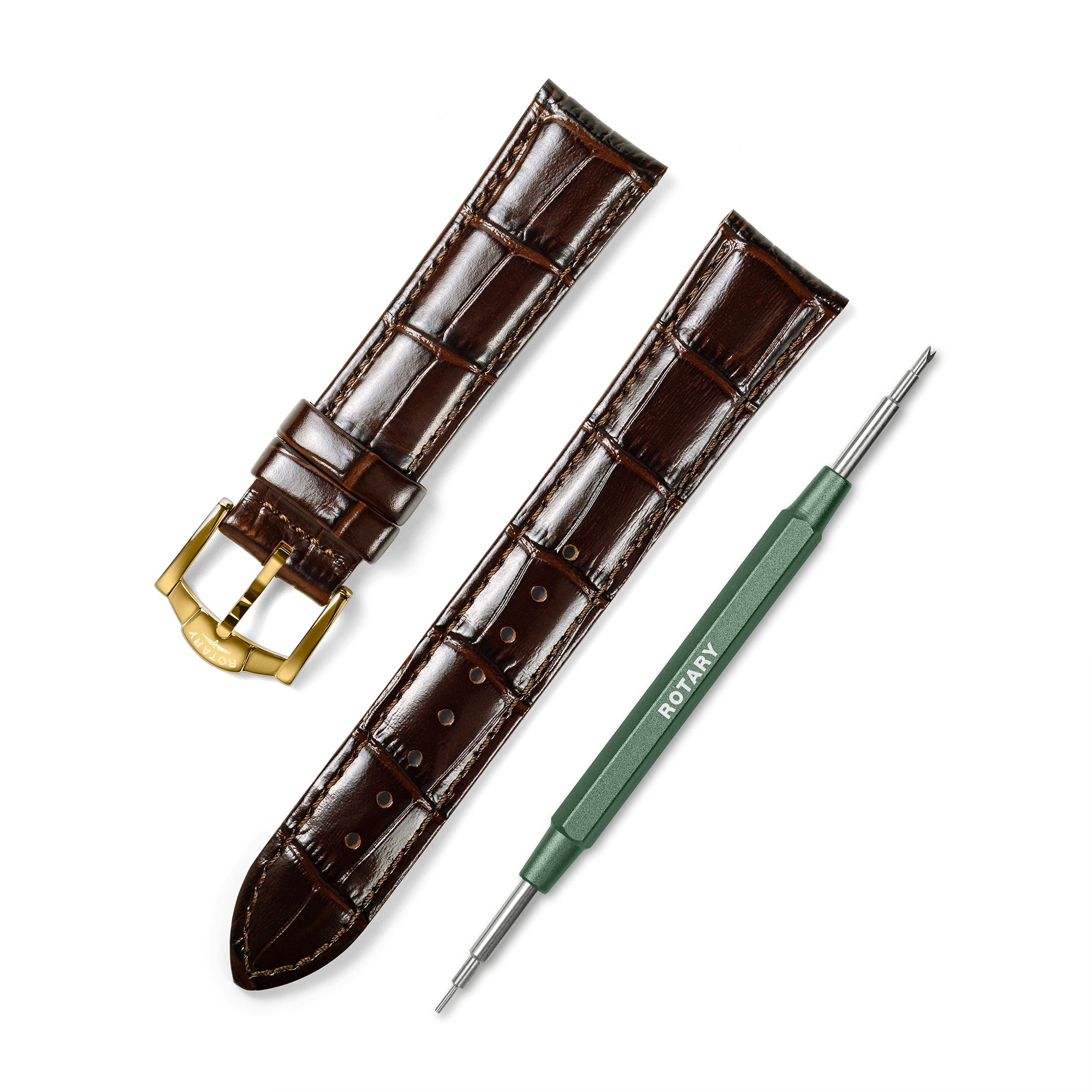 Brown croc print leather watch strap with gold buckle and a green tool on a white background