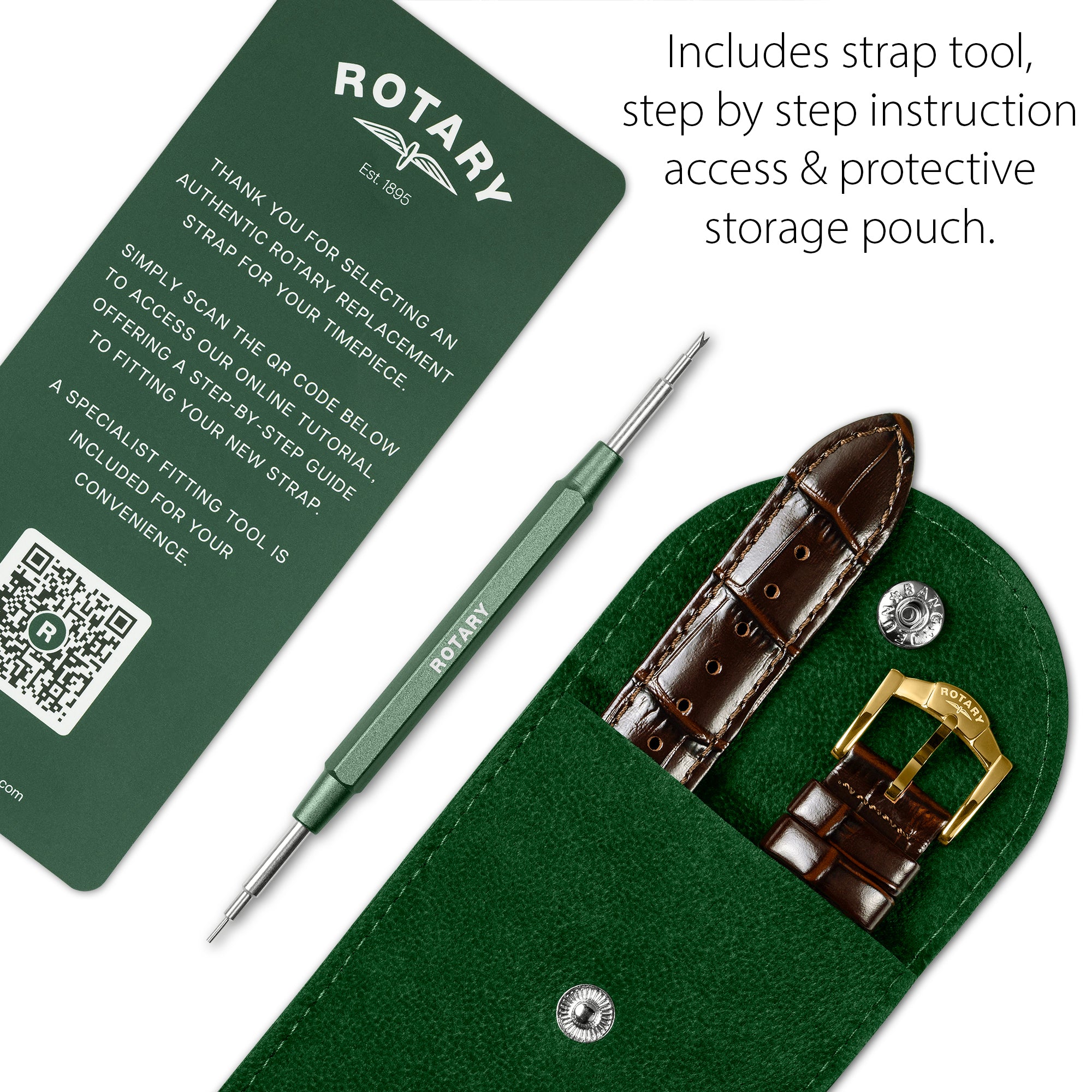 Watch strap kit with tool, instruction card, and storage pouch on a white background