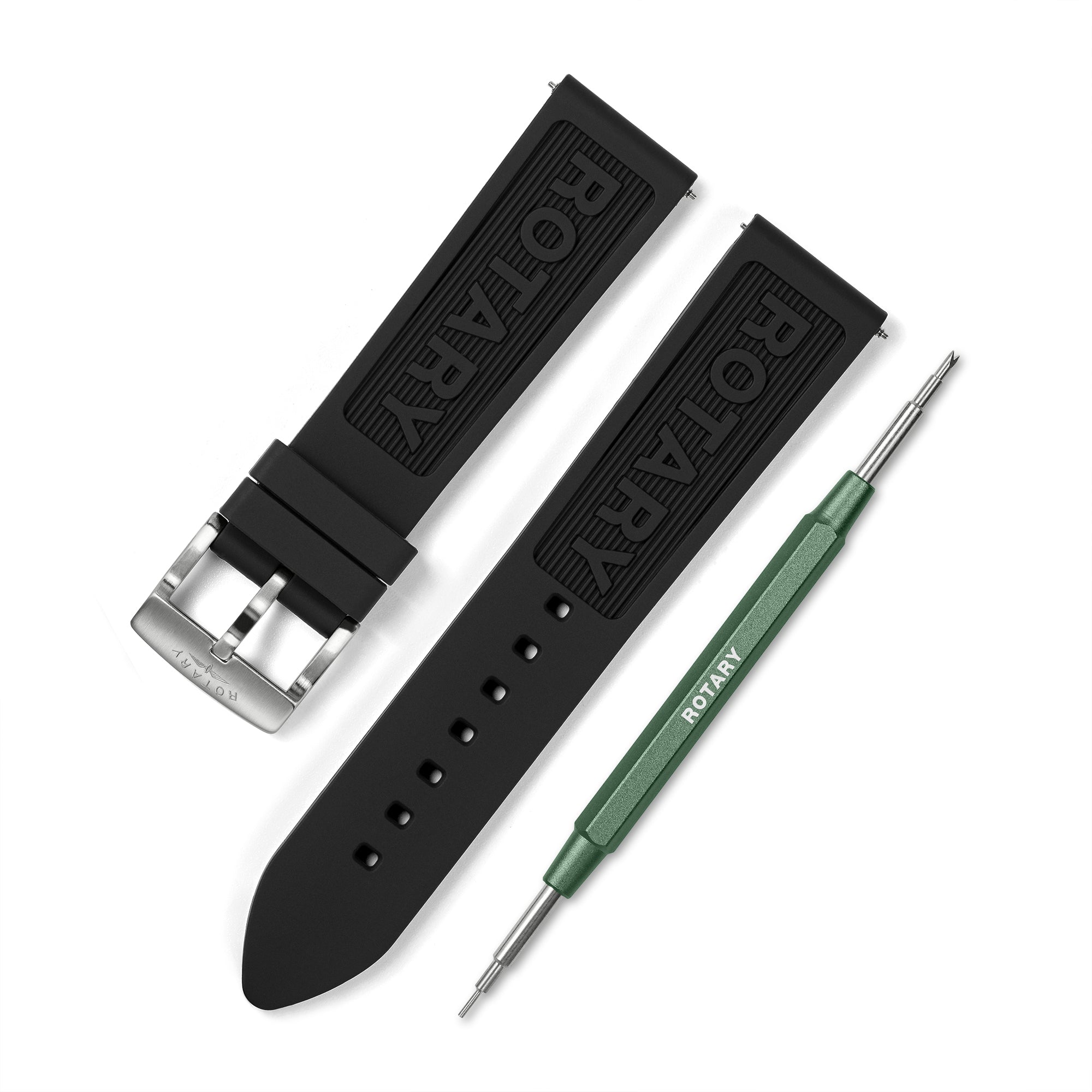 Black silicone watch strap with silver buckle and green tool on a white background