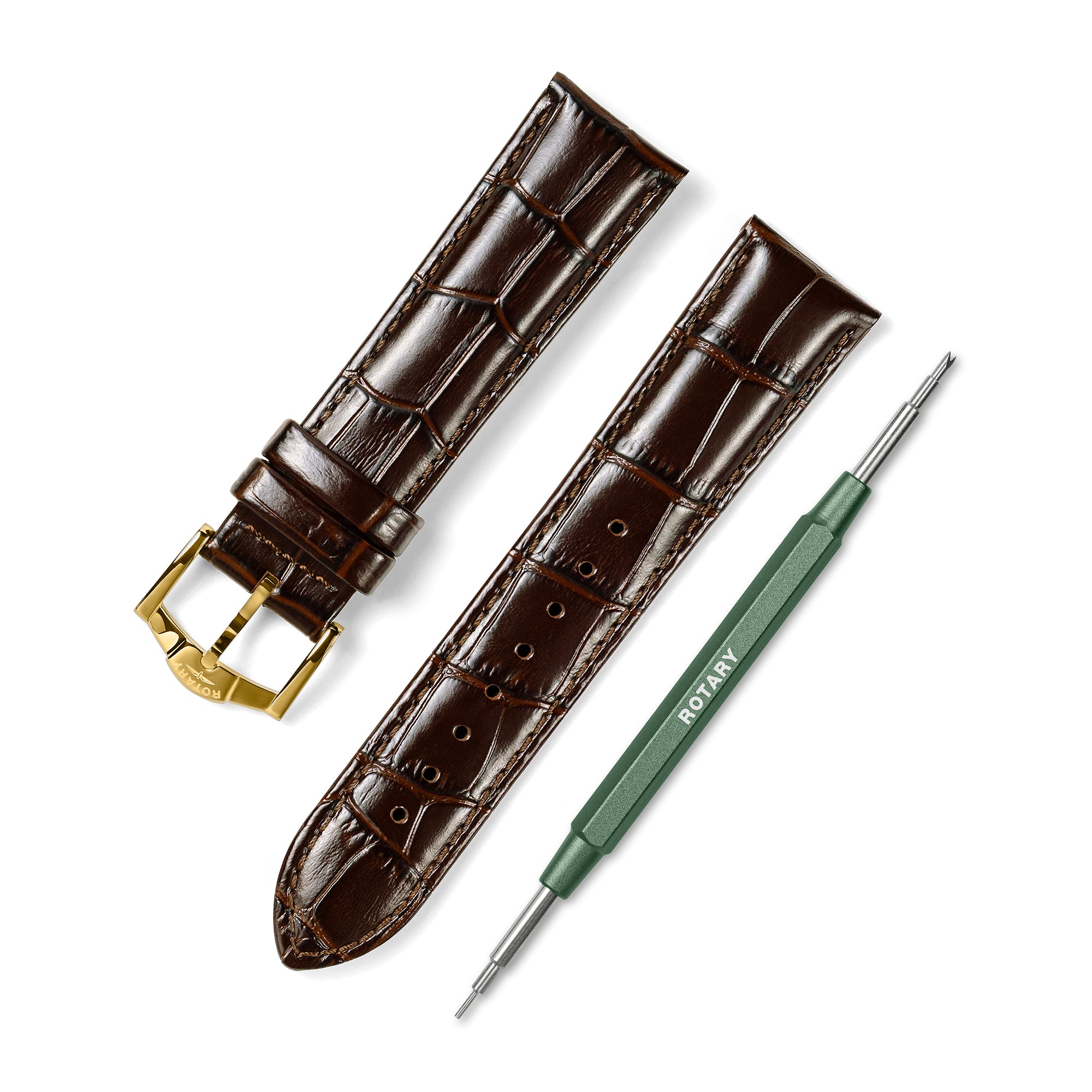 Brown crocodile-patterned leather watch strap with gold buckle and a green tool on a white background