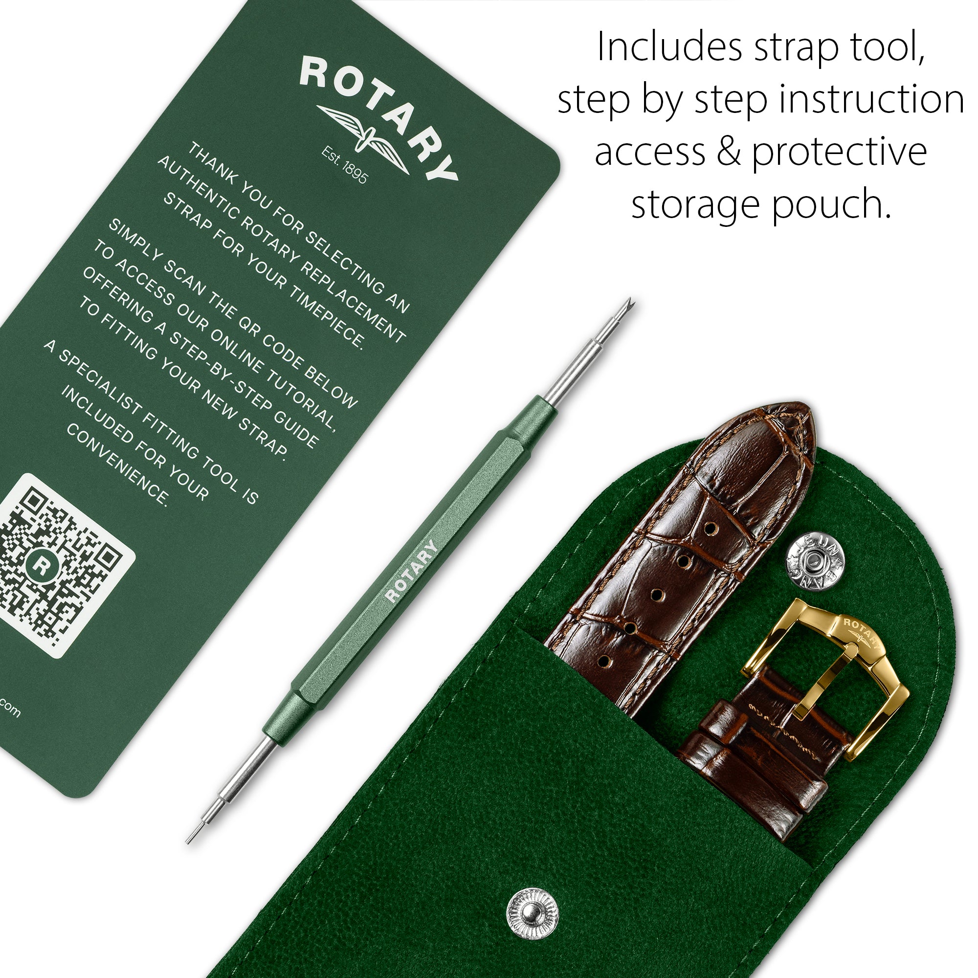 Watch strap kit with tool, instruction card, and watch straps in a pouch, featuring Rotary brand.