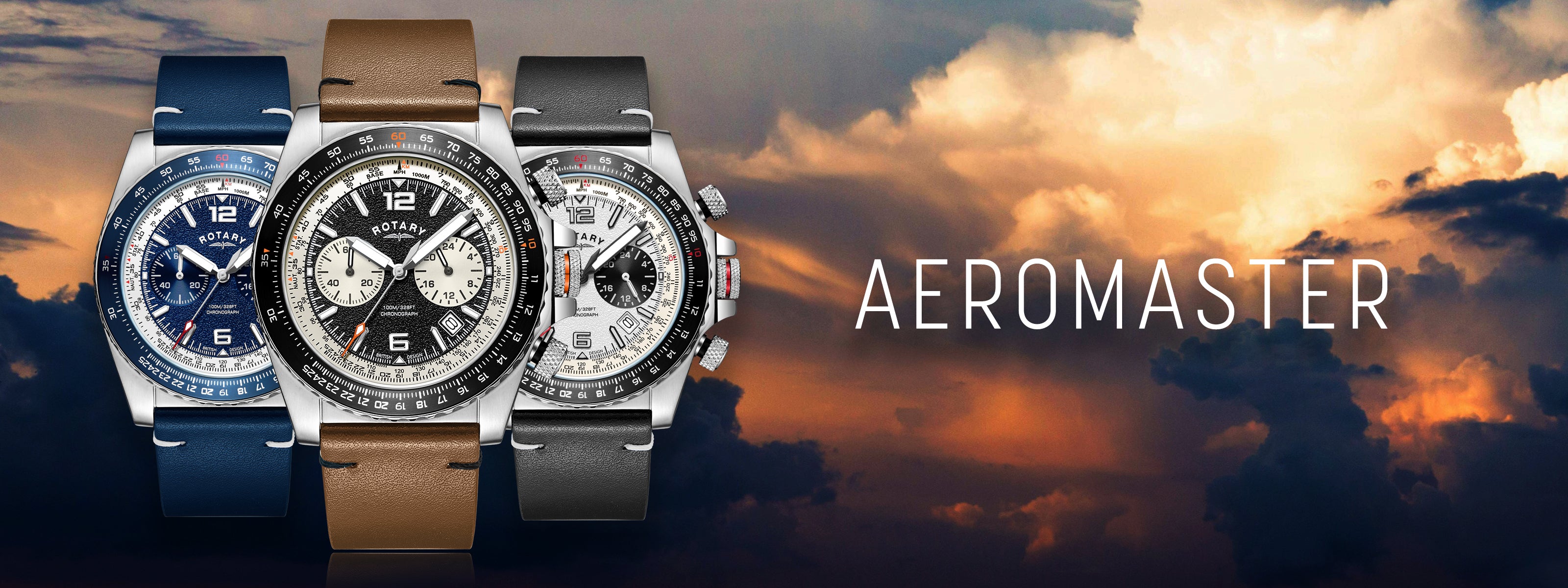 Three rotary aeromaster pilot watches being pictured on a sun set background