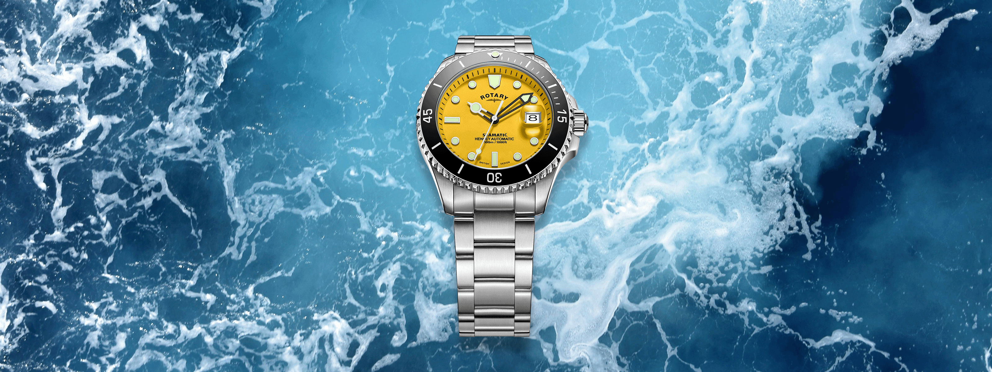 Rotary seamatic watch in stainless steel with a yellow dial and a ceramic black bezel