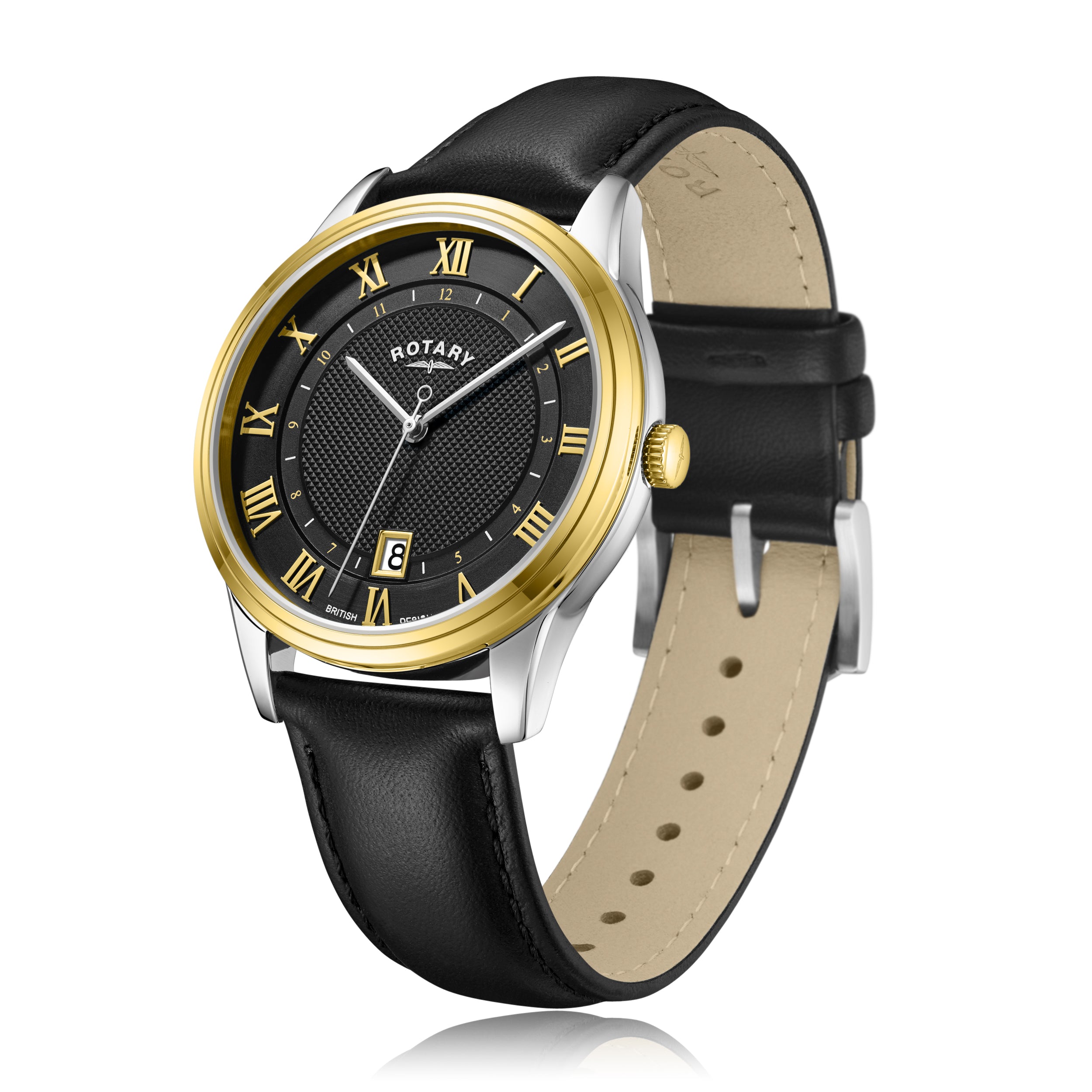 Rotary two tone mens watch with a black leather strap and black dial with gold roman numerals