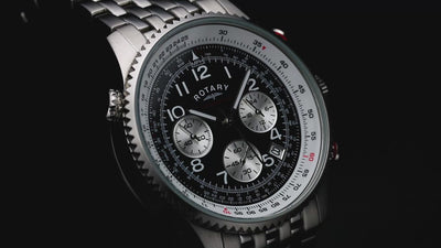 rotary chronospeed chronograph watch in stainless steel with a black dial and a 7 link stainless steel bracelet