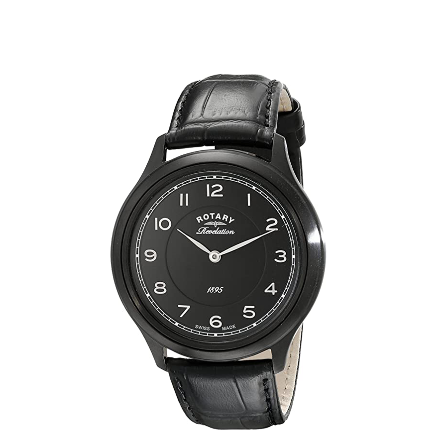 rotary revelation watch in black with a black dial and black leather strap